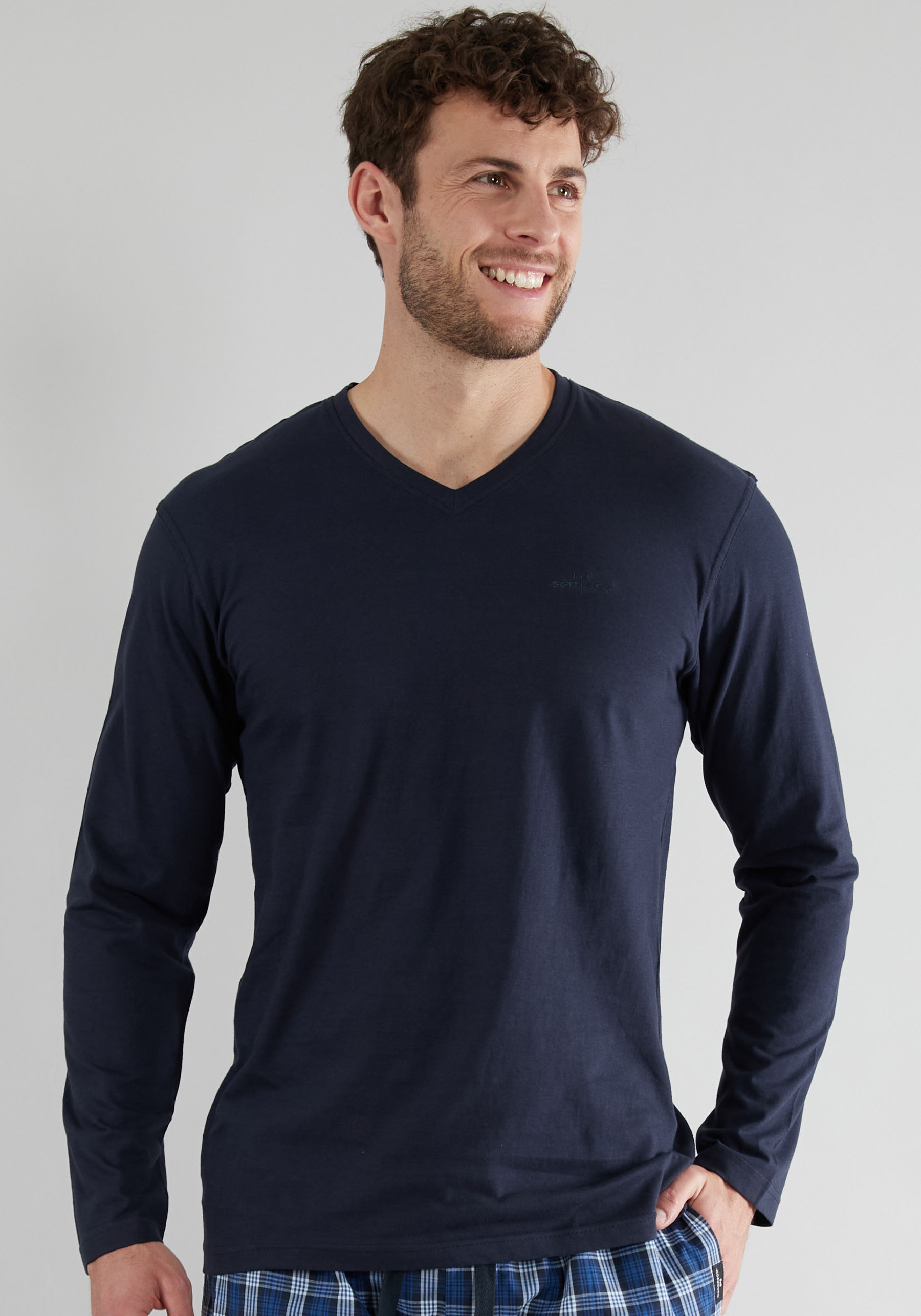 GÖTZBURG Pyjamaoberteil "New York", V-Ausschnitt, Langarm, unifarben, weich günstig online kaufen