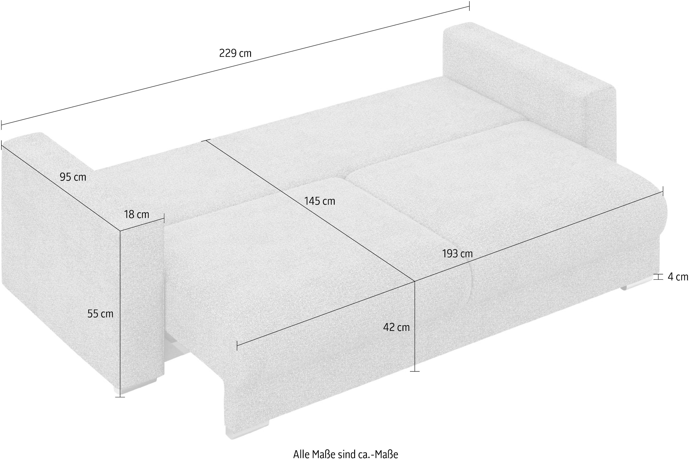 INOSIGN 3-Sitzer »Stevinson Schlafsofa mit Bettkasten, Maße B/H/T: 229/87/97 cm«, mit Wellenunterfederung, 2 Rückenkissen und 2 Zierkissen