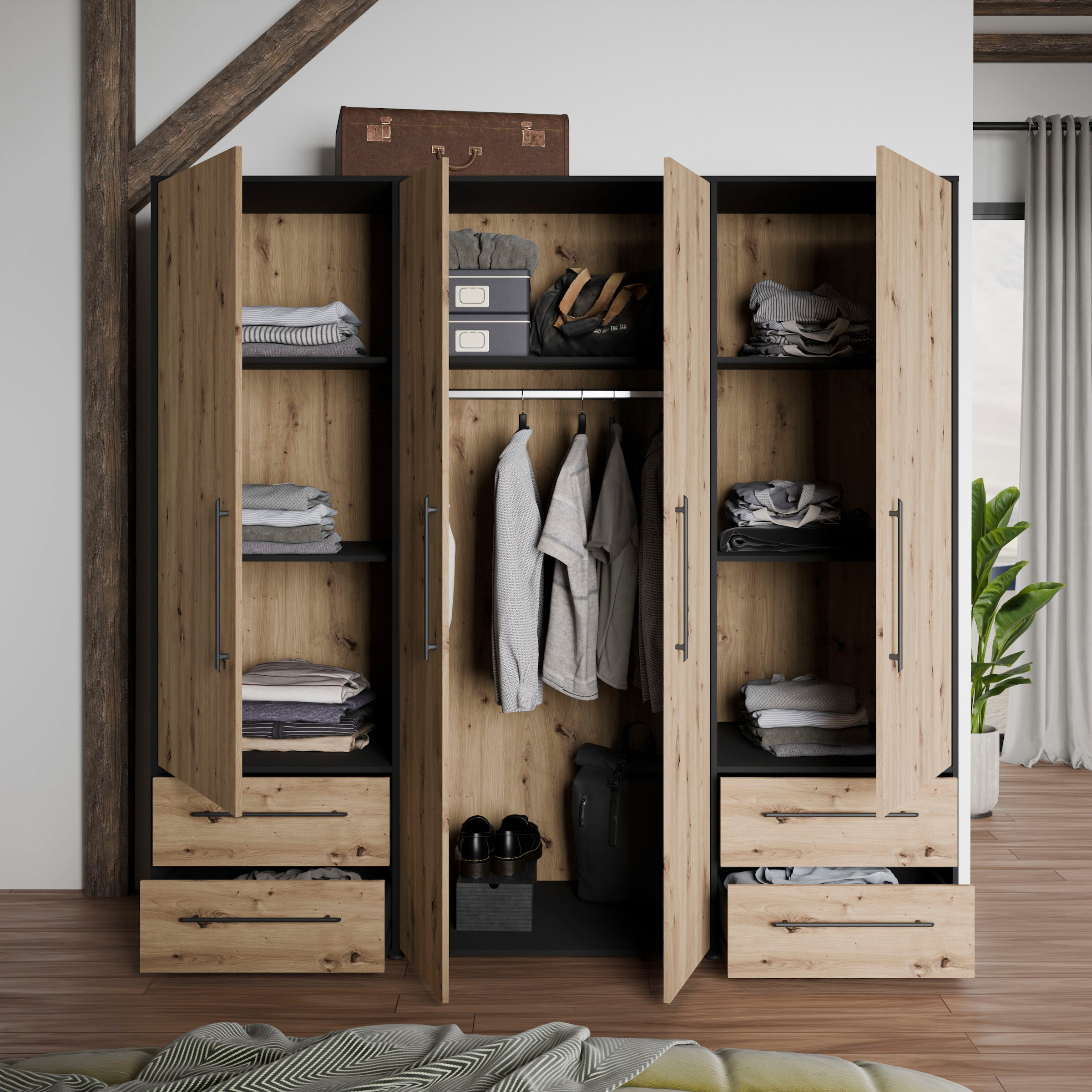 FORTE Drehtürenschrank »Mokkaris, TOPSELLER! 3 oder 4 Türen, zeitloses Design«, (BHT ca. 145x200x59cm oder BHT ca. 206x200x59cm), Schubladen + schwarze Stangengriffe, Made in Europe, viel Stauraum