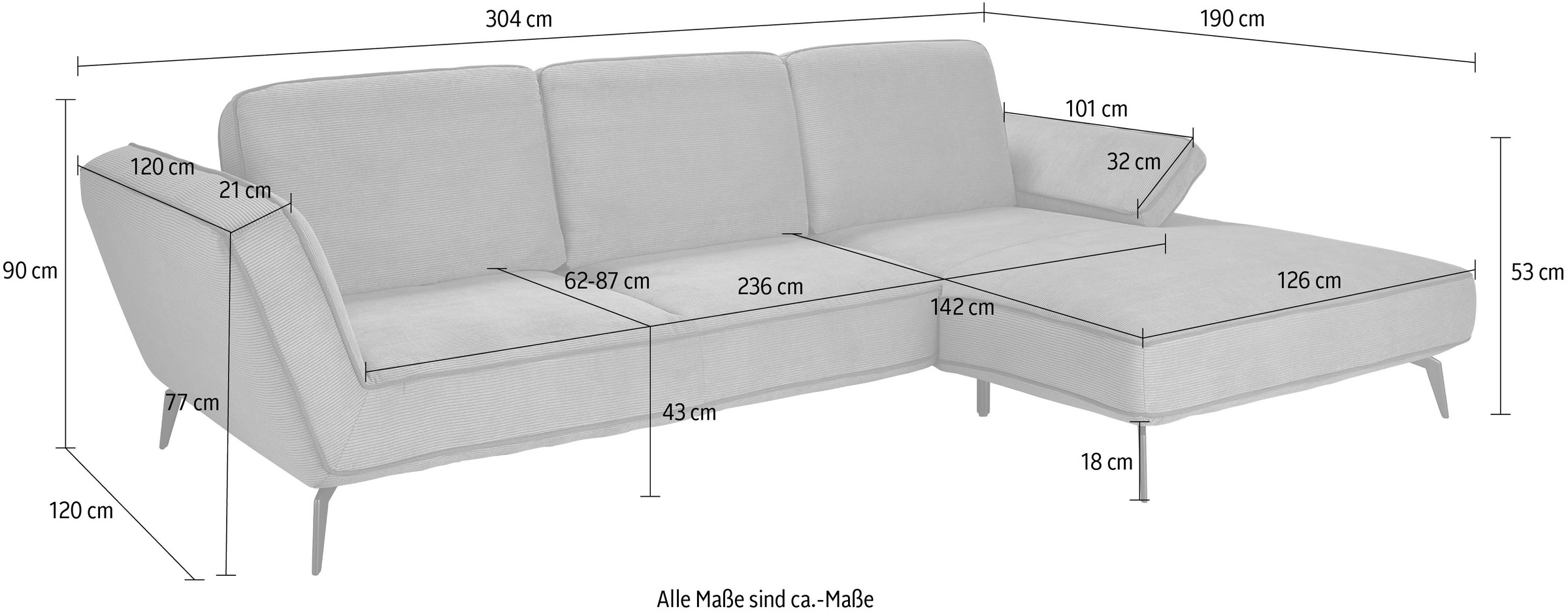 set one by Musterring Ecksofa »SO 4500, Füße schwarz matt, inkl Schwenkrückenfunktion, Cord, L-Form«, wahlweise mit Kopfstütze/Armteilverstellung/Rückenneigung