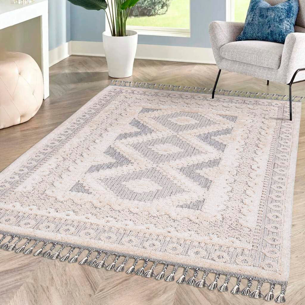 Carpet City Hochflor-Teppich »Valencia 730«, rechteckig, 20 mm Höhe, Läufer, Boho-Stil, 3D-Effekt, Relief, Hoch-Tief-Struktur, mit Fransen