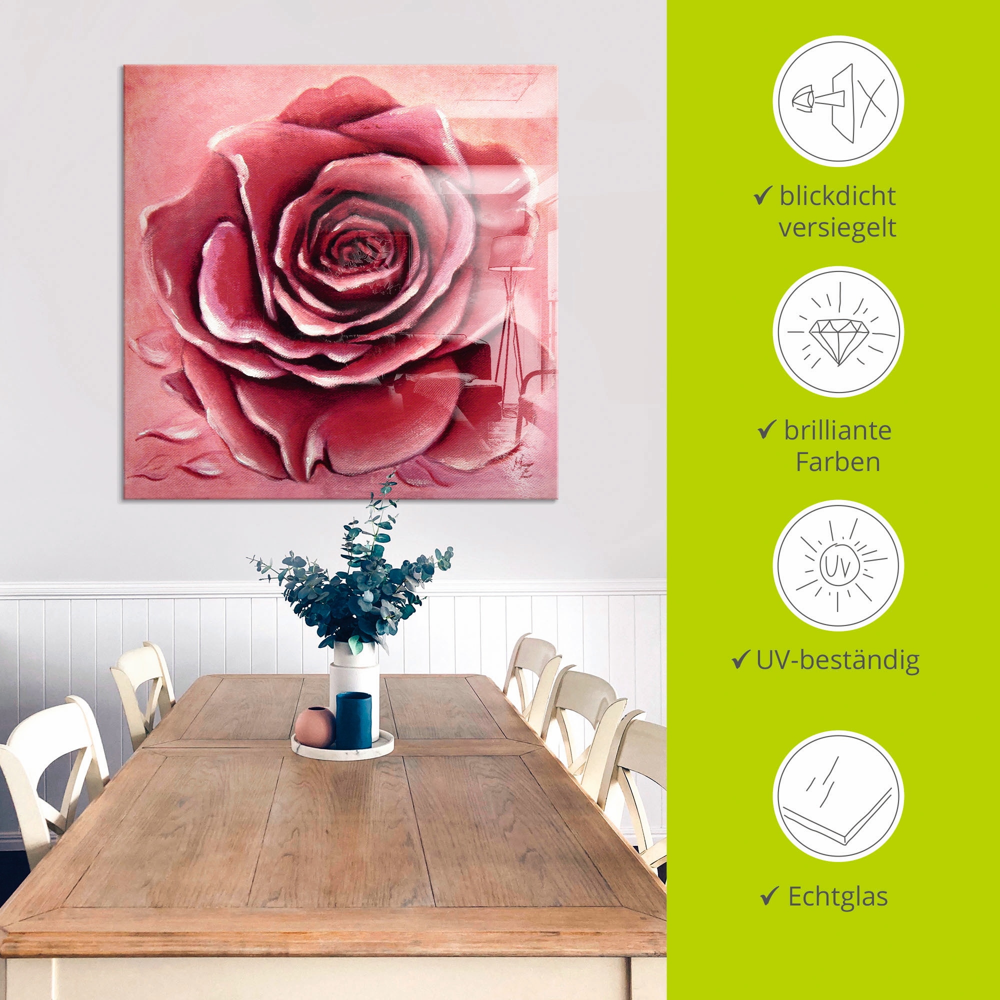 Artland Glasbild »Rote Rose handgemalt«, Blumen, (1 St.), in verschiedenen Größen