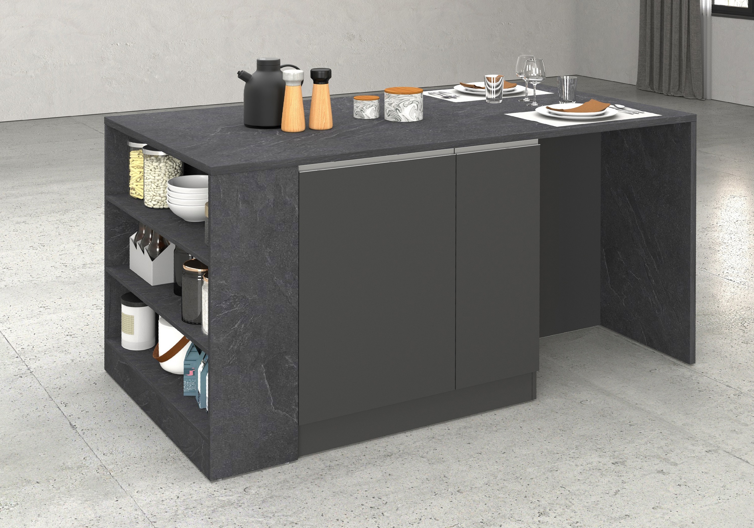 KOCHSTATION Kücheninsel »KS-Sole, Kochinsel, Küchenarbeitsblock, Arbeitsinsel, Made in Italy« Breite 167,5 cm, 2 Apothekerauszüge, 2 Essplätze, 1 offenes Regal