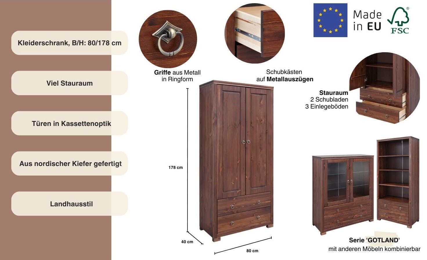 Home affaire Kleiderschrank »Gotland; Wäscheschrank, Mehrzweckschrank mit Schubladen, Landhausstil«, (B/H/T ca: 80cmx178cmx40cm), massive Kiefer, FSC® zertifiziert, langlebige Qualität trifft Stil