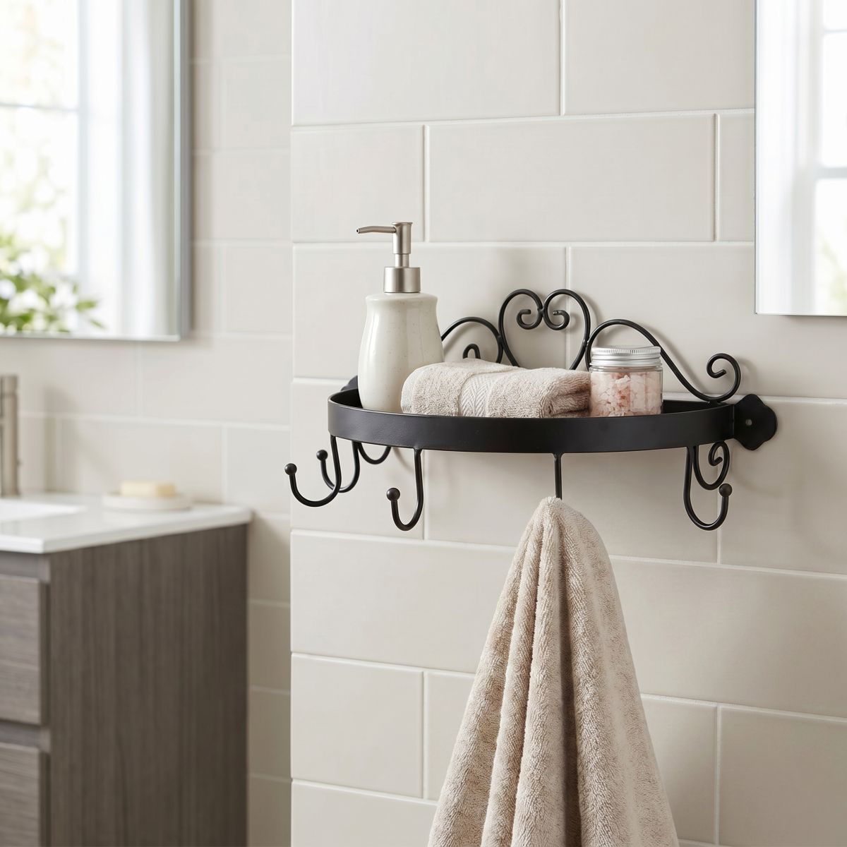 Ambiente Haus Wandregal "Regal halbrund mit Haken in Schwarz" 1 Stk. tlg. Aufbewahrungslösung für Flur, Küche oder Bad mit 5 Haken