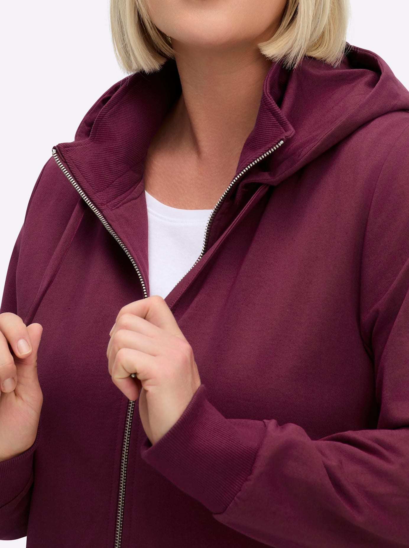 Shirtjacke SHEEGO "Sweatjacke", Damen, Gr. 52/54, bordeaux, 100% Baumwolle, unifarben, Shirts Shirtjacke 3