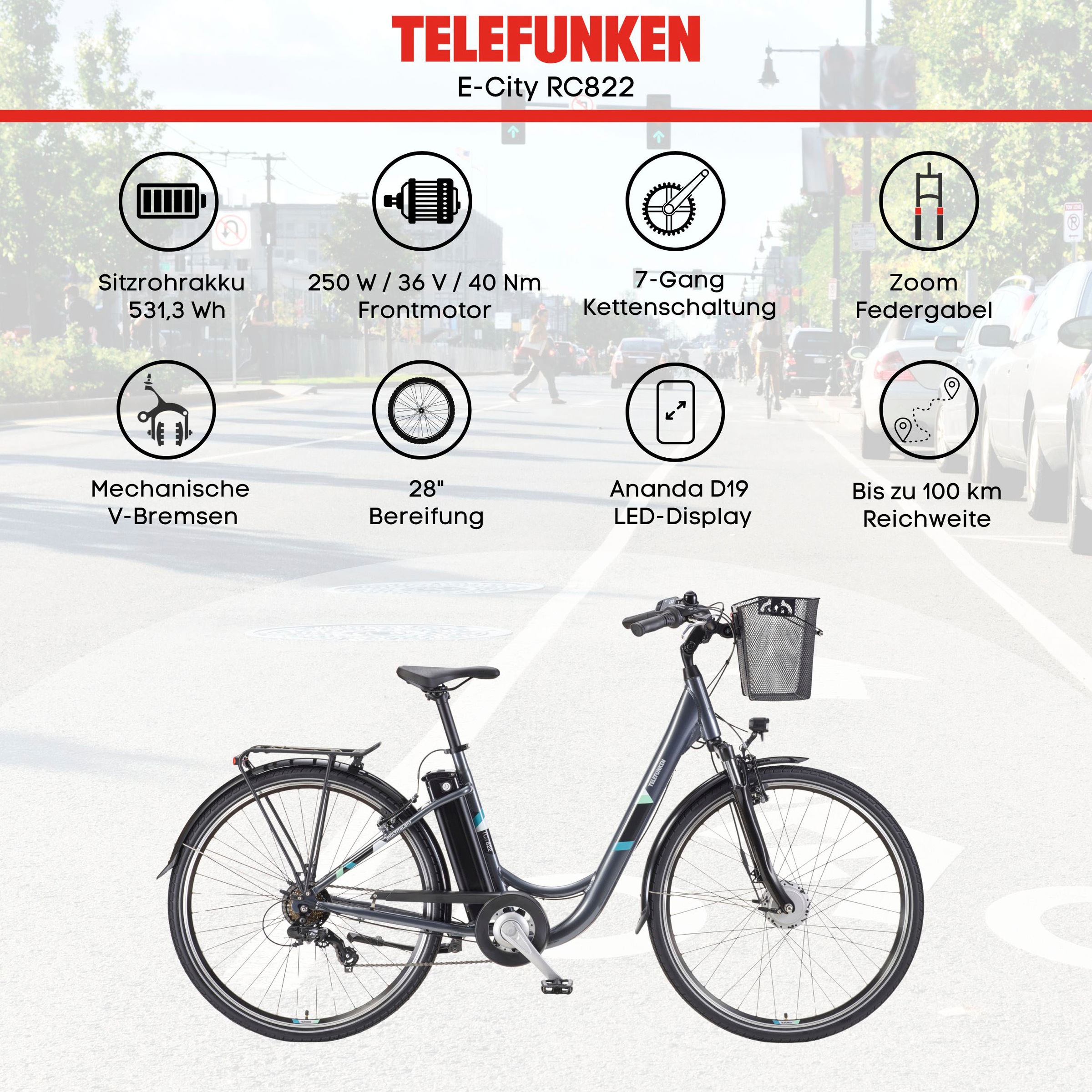 Telefunken E-Bike »Multitalent RC822«, 7 Gang, Shimano, Tourney, Frontmotor 250 W, (ca. 100 km Reichweite-2 V-Bremsen-Beleuchtung-Straßenzulassung), Elektrofahrrad, Damen Herren, 28 Zoll, 36,9 V, 531,3 Wh Akku, Pedelec