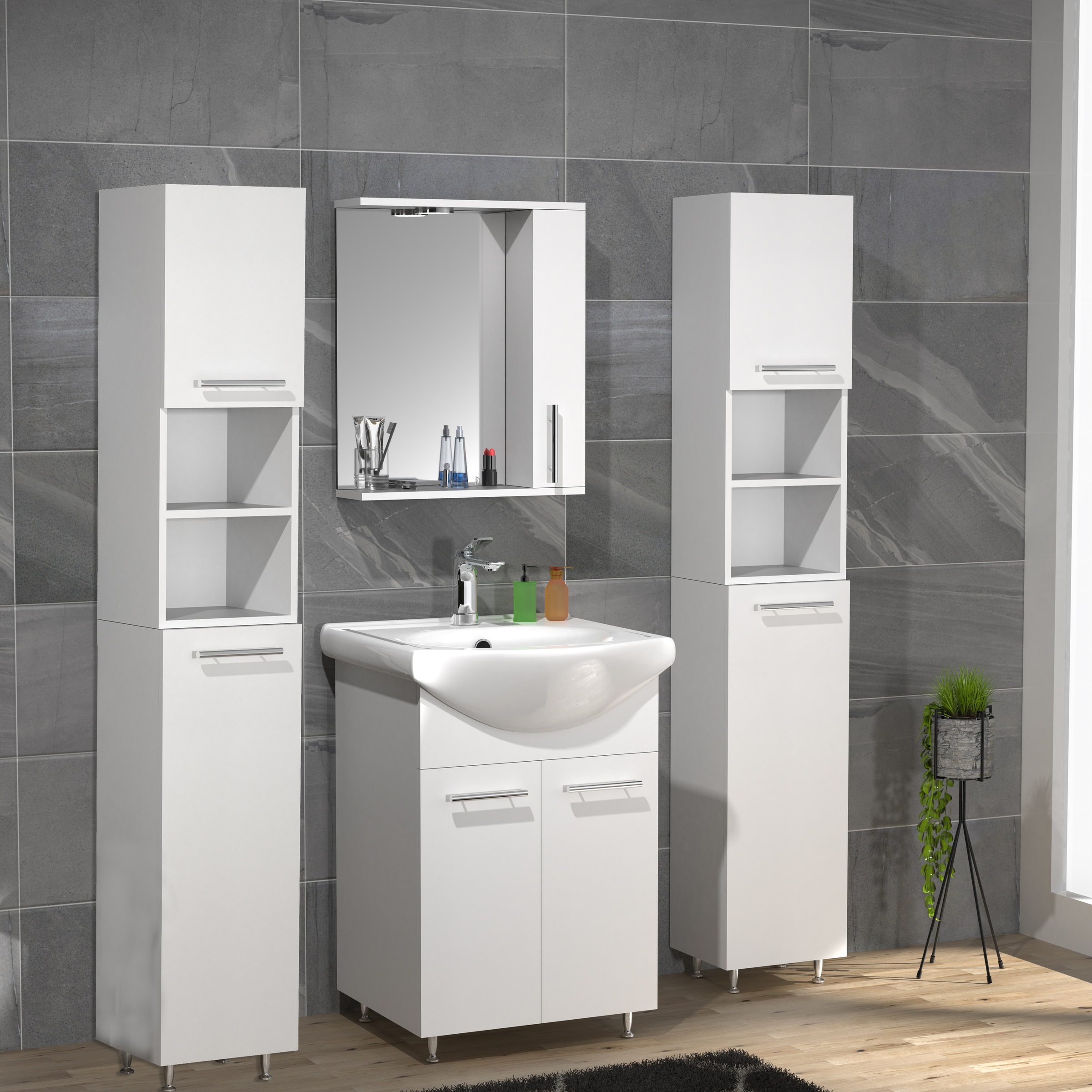 VCM Waschbeckenunterschrank »VCM 5-tlg. Waschplatz Waschtisch Badmöbel Set Waschbecken Drehtüren Spiegeschrank Hochschrank Lisalo M«, (5 St.)