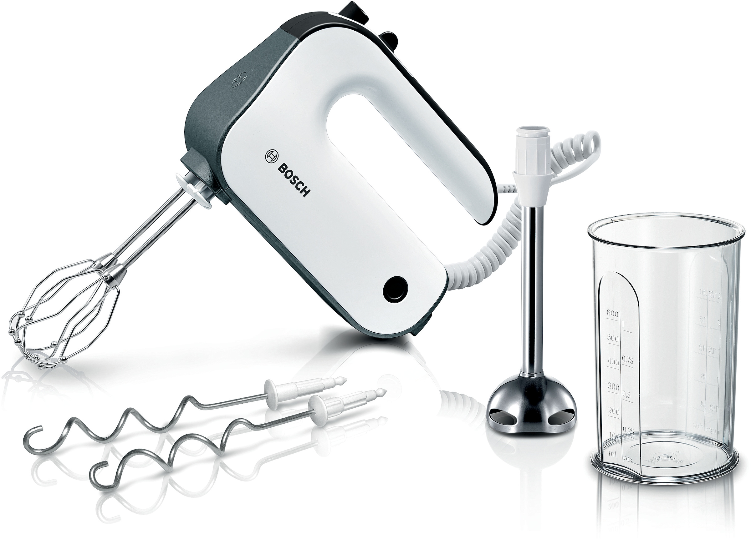 BOSCH Handmixer "MFQ49700, Edelst. Rührbesen/Knethaken, Spiralkabel, Mixfuß, weiß/grau", 850 W, stärkster Motor, 5 Stufe