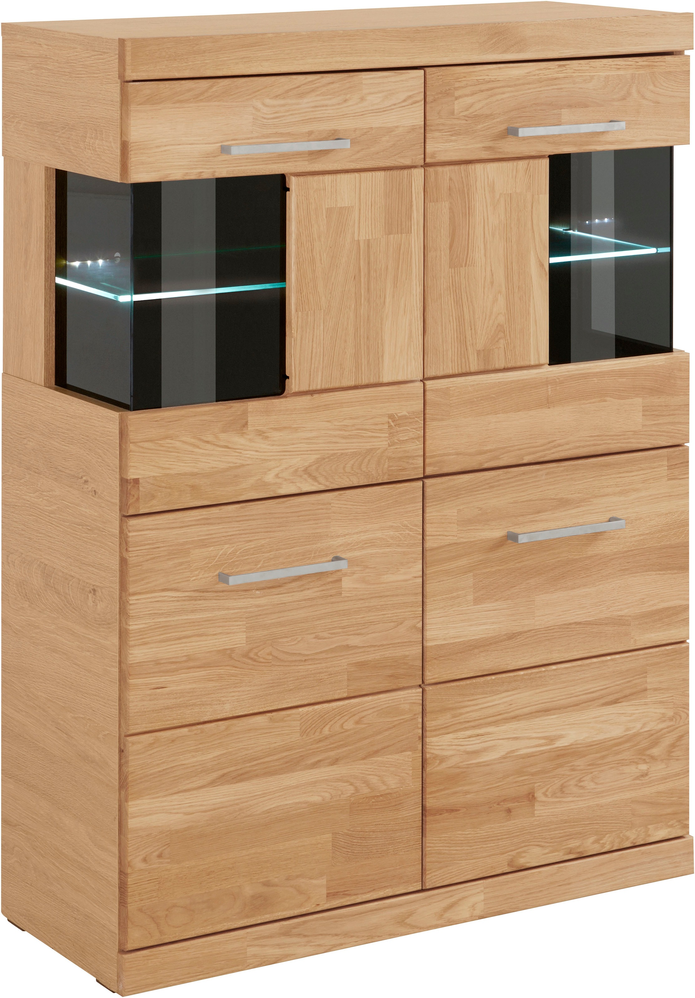 Home affaire Highboard »Ribe,85cm breit,115cm hoch, Fronten Massivholz,4 breite Fächer«, Korpus Holzwerkstoff,2Türen mit Glaseinsatz, Böden versetzbar
