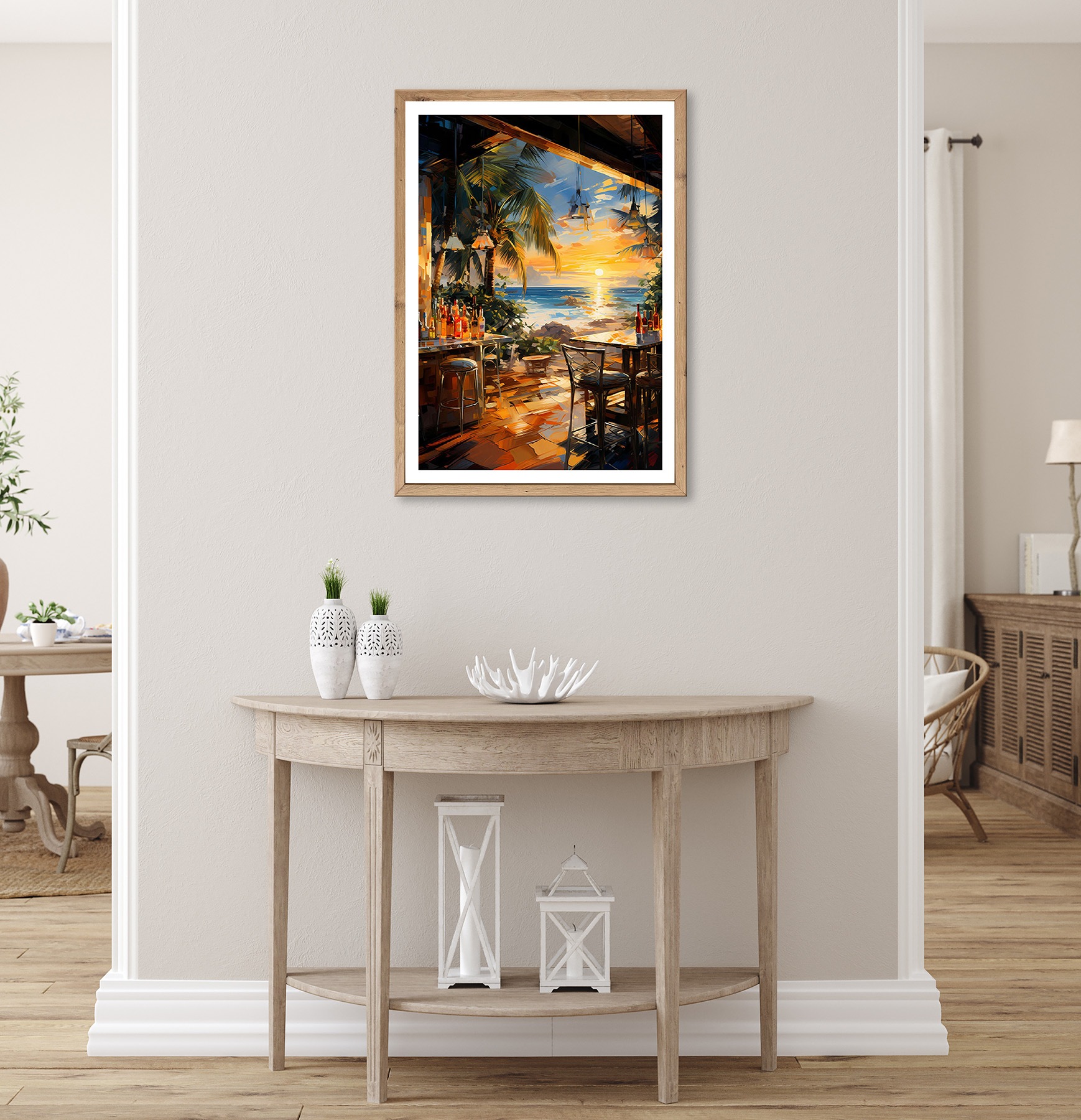 Bönninghoff Bild mit Rahmen »Wandbild gerahmt STRANDBAR 50x70 cm – Sommerliches Küstenmotiv mit« Abstrakt | Abstrakte | Bar & Lounges | Cocktail | Getränke | Palmen | Sonnenuntergang | Strand | Strandbilder 1 Stk. tlg. mit dekorativem Rahmen