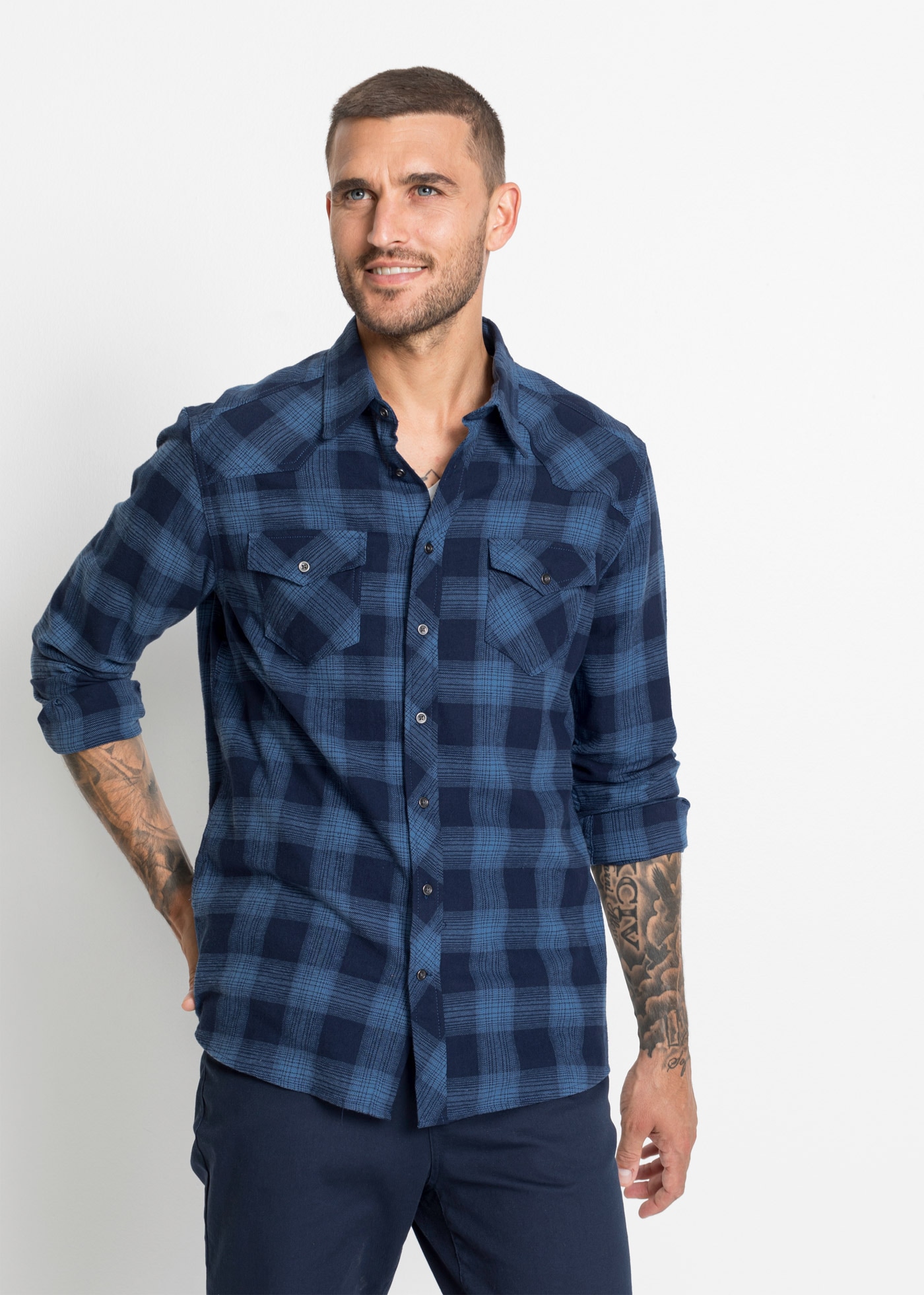 bonprix Flanellhemd aus Baumwoll-Flanell, Regular Fit, Kentkragen, mit Karo-Muster