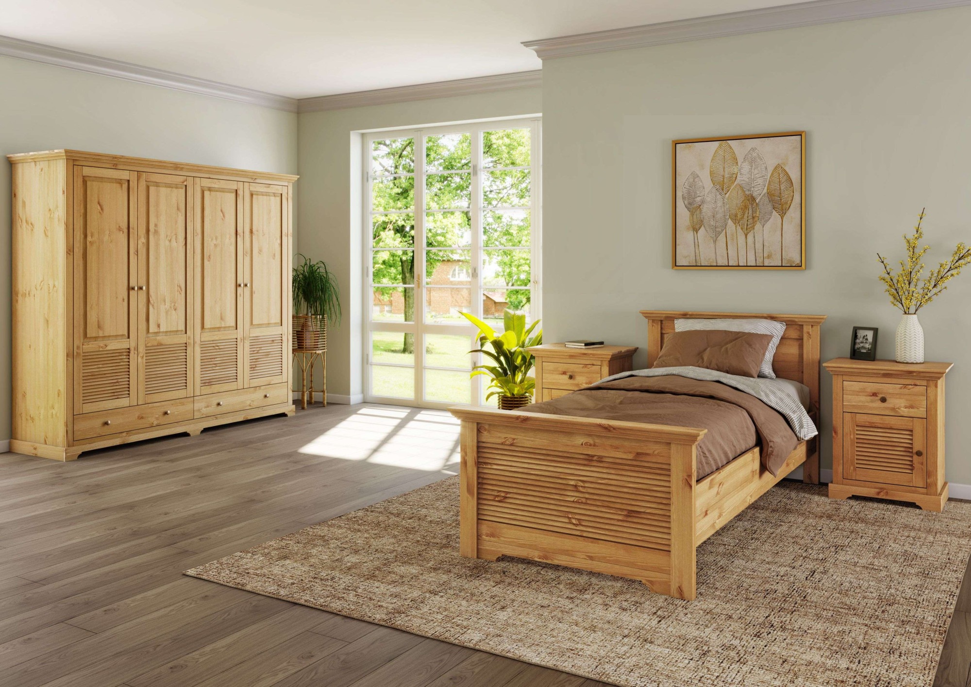 Home affaire Bett »Rauna, Landhausstil, edles Design mit Lamellen und Kassetten, 2 Farben«, (Breite/Belastbarkeit 180cm=220 KG, 90cm=120KG), FSC® zertifiziertes Kieferholz, massive Qualität mit Lattenrost