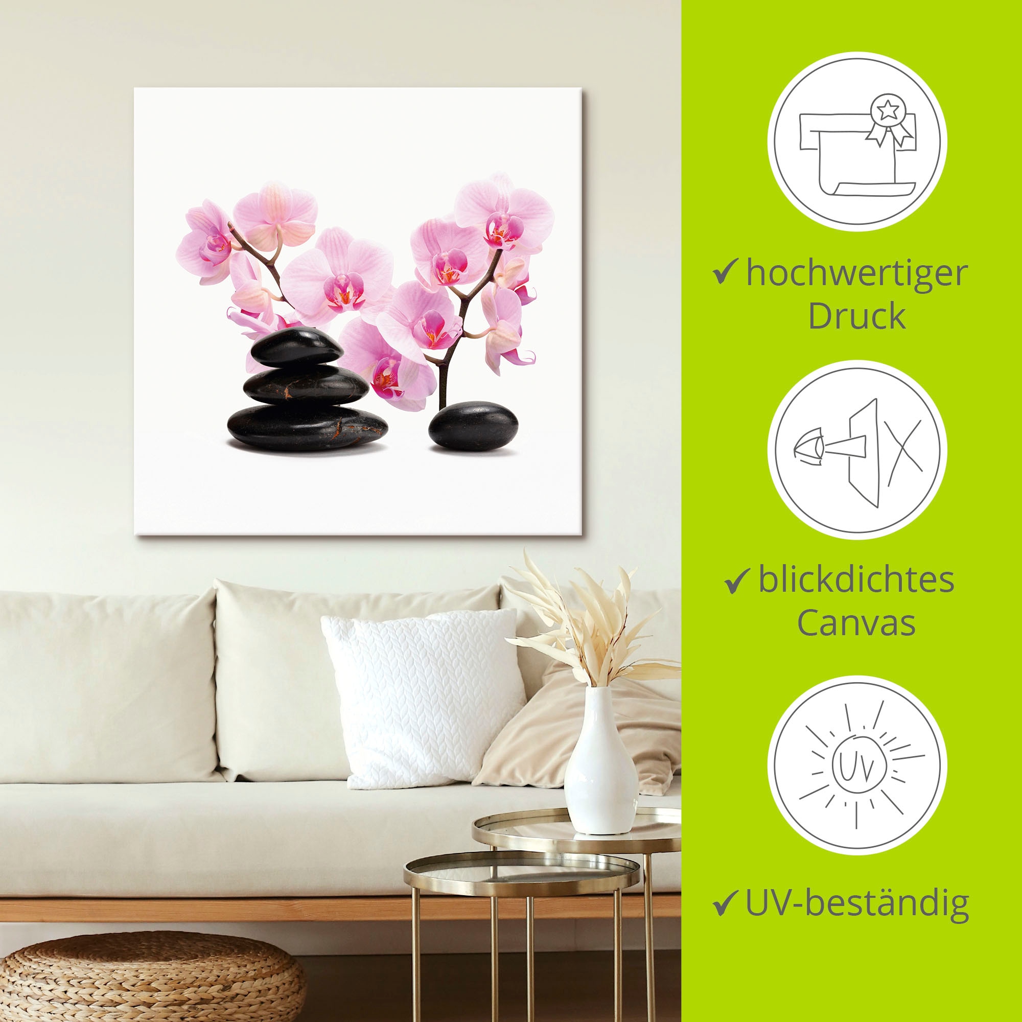 Artland Wandbild »Schwarze Steine und pink Orchidee«, Zen, (1 St.), als Leinwandbild, Poster, Wandaufkleber in verschied. Größen