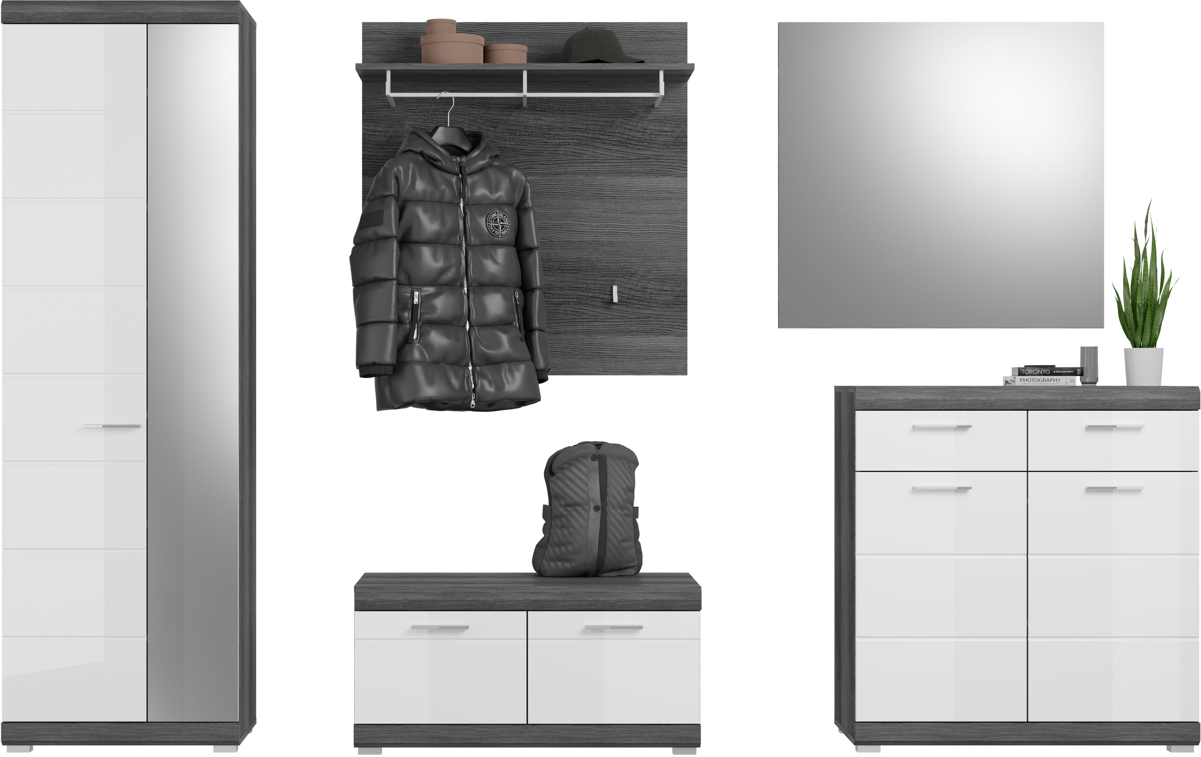 INOSIGN Garderoben-Set »Siena, Fronten mit hochwertiger Rillenfräsung, 5-teilig,bestehend aus:«, (Komplett-Set, 5 St.), Scout Garderobenkombinatio 5-tlg., Breite 272 cm, Flur, Diele
