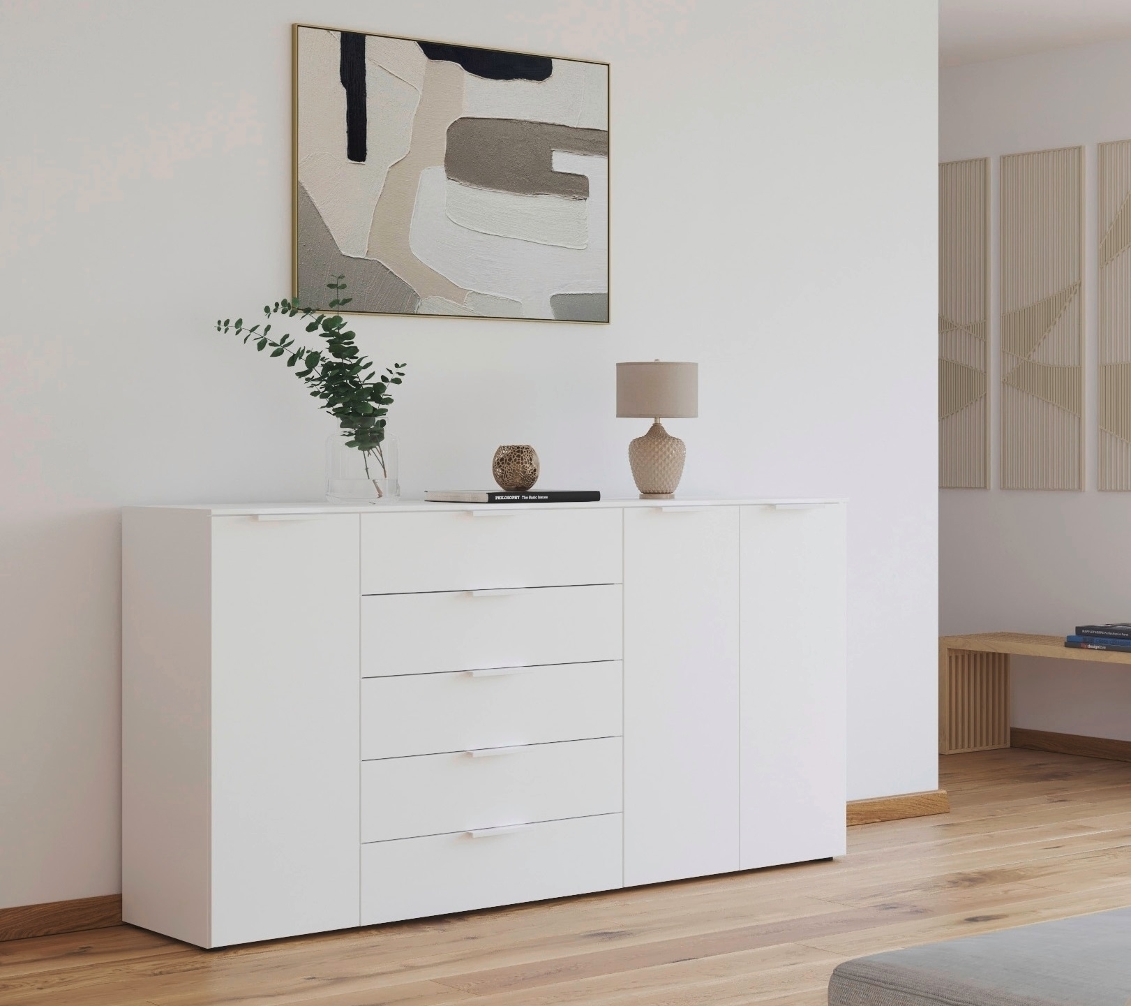 rauch Schubkastenkommode »Kommode Türkommode Sideboard Kombikommode FLIPP«, (Breite 200 cm mit 4 Einlegeböden), 3-türig mit 5 Schubladen und Soft-Close-Funktion