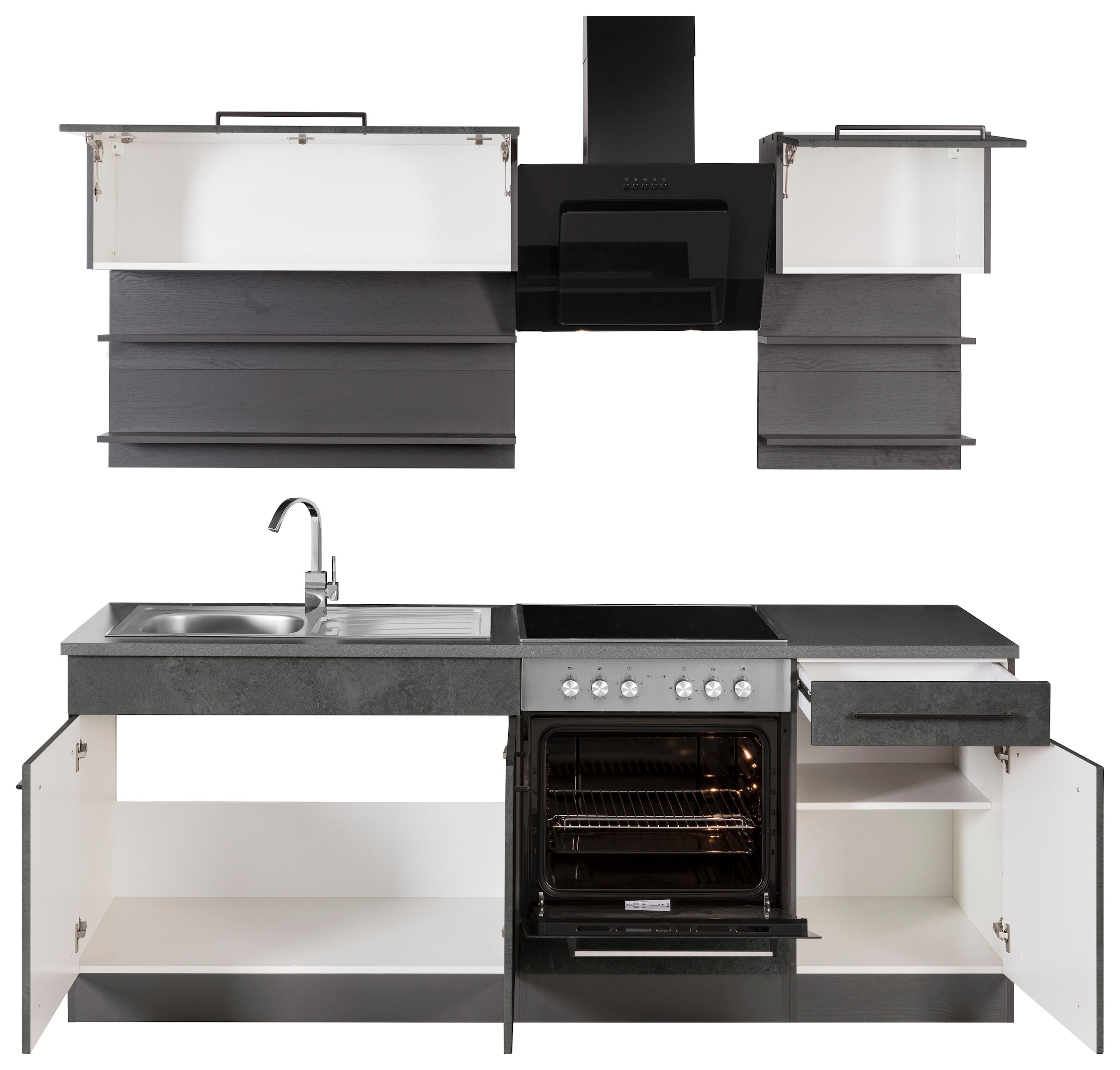 KOCHSTATION Küchenzeile »KS-Tulsa«, Breite 210 cm, schwarze Metallgriffe, hochwertige MDF Fronten