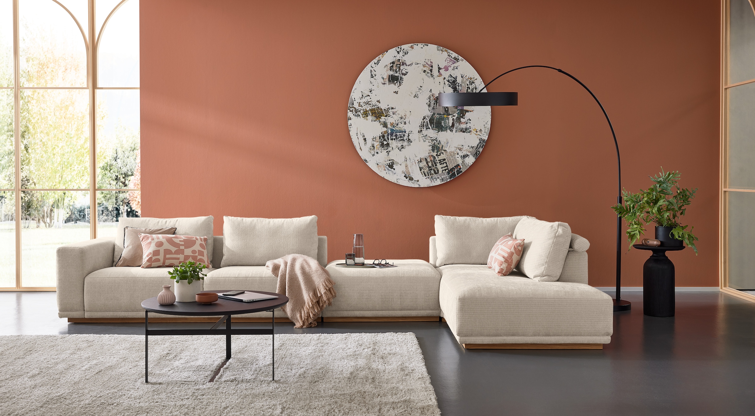 Musterring Wohnlandschaft "JustB PM200 bequem, wahlw. Sitzvorzug, Breite 395cm, Holzsockel" Anreihsofa Armlehne links, Eckteil rechts und Hocker. Ohne Sitzvorzug