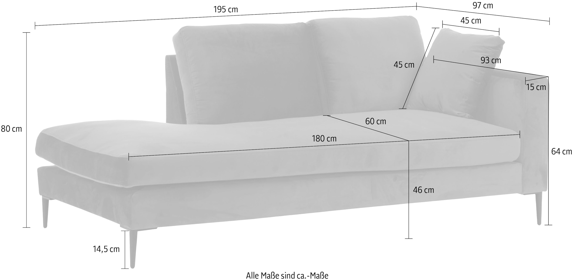 Home affaire Recamiere »Cozy Chaiselongue, Maße B/T/H: 195/97/80 cm« mit losen Kissen und Metallbeinen, Armlehne links oder rechts wählbar