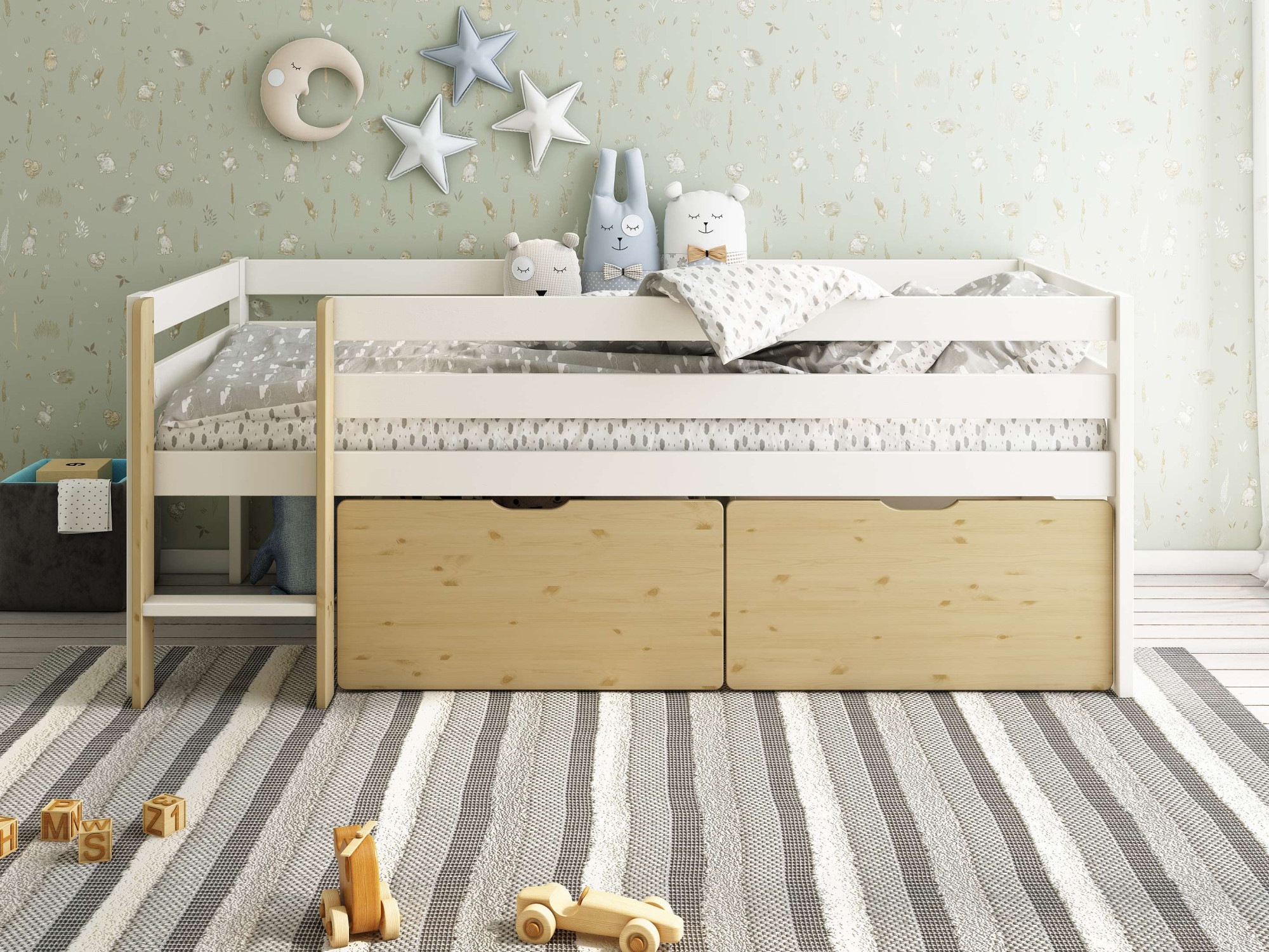 OTTO home Kinderbett »Tide« Kinderbett inklusive Lattenrost und 2 Bettkästen, 4 tlg. inklusive 2 Bettschubkastensten für Spielzeug, Rundumrausfallschutz