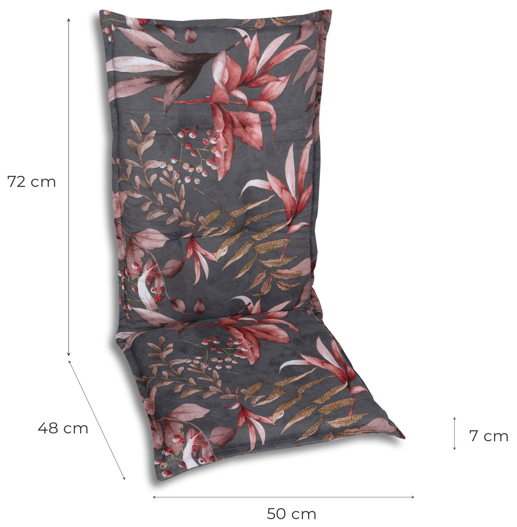 GO-DE Hochlehnerauflage Blätter / Beeren anthrazit - Maße BxLxH ca.: 50 cm x 120 cm x 7 cm