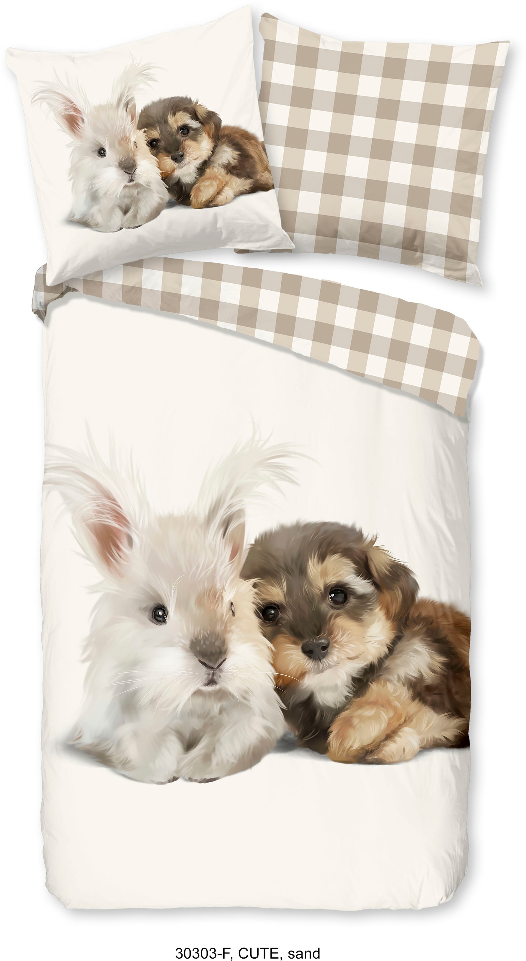 good morning Kinderbettwäsche "Cute Rabbit & Dog", Biber, 135x200, Weich, Warm, Reißverschluss, Wendeoptik, Kind, Tier