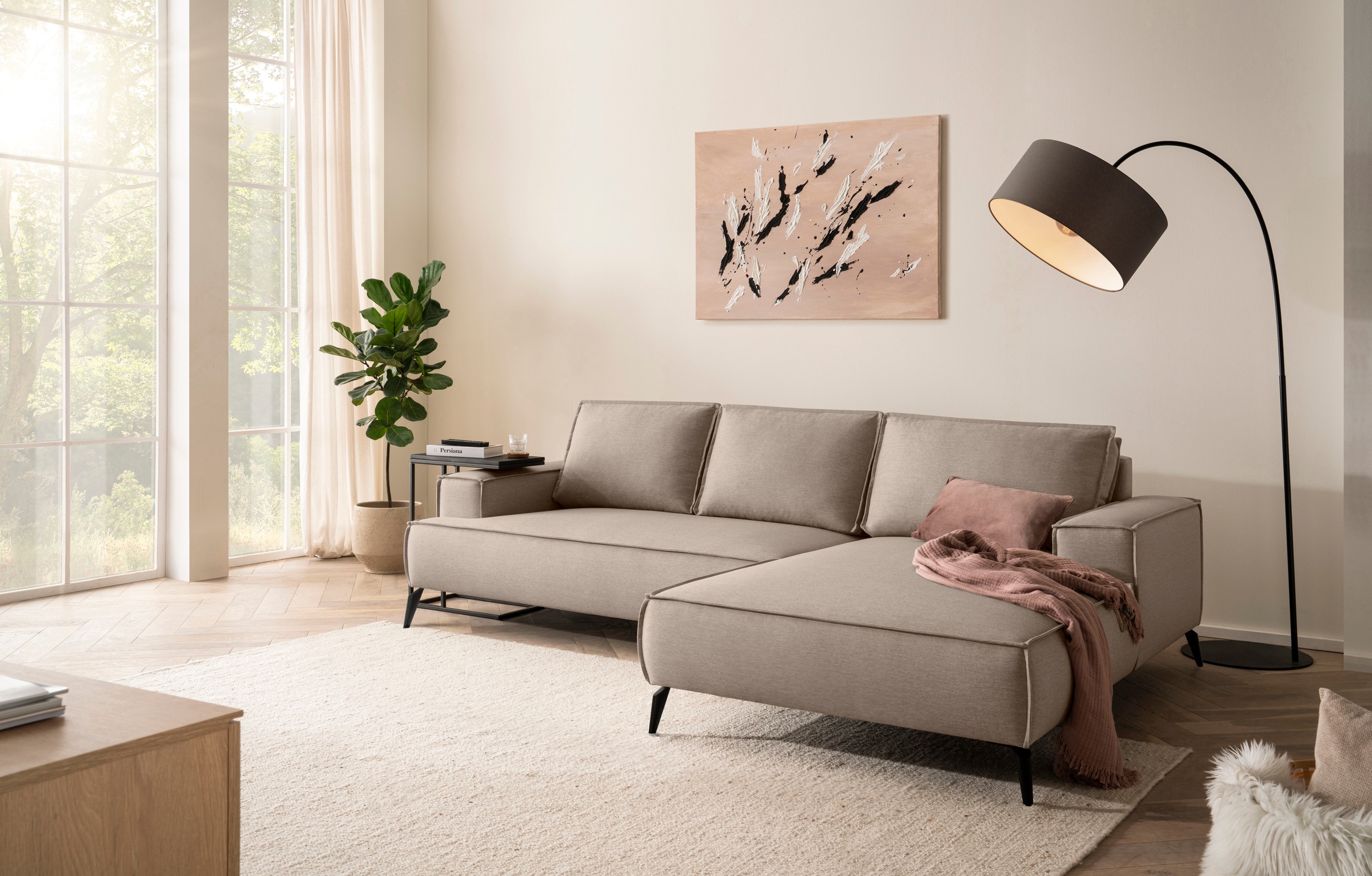 OTTO home Ecksofa "TVINNU Leinenoptik, L-Form, Breite 275 cm" wahlweise Recamiere rechts/links, schwarze Füße, bequemer Sitzkomfort