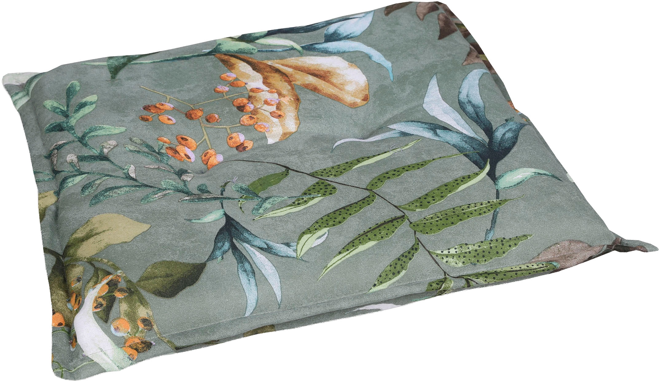 GO-DE Hockerauflage Blätter / Beeren grün - Maße BxLxH ca.: 50 cm x 50 cm x 7 cm