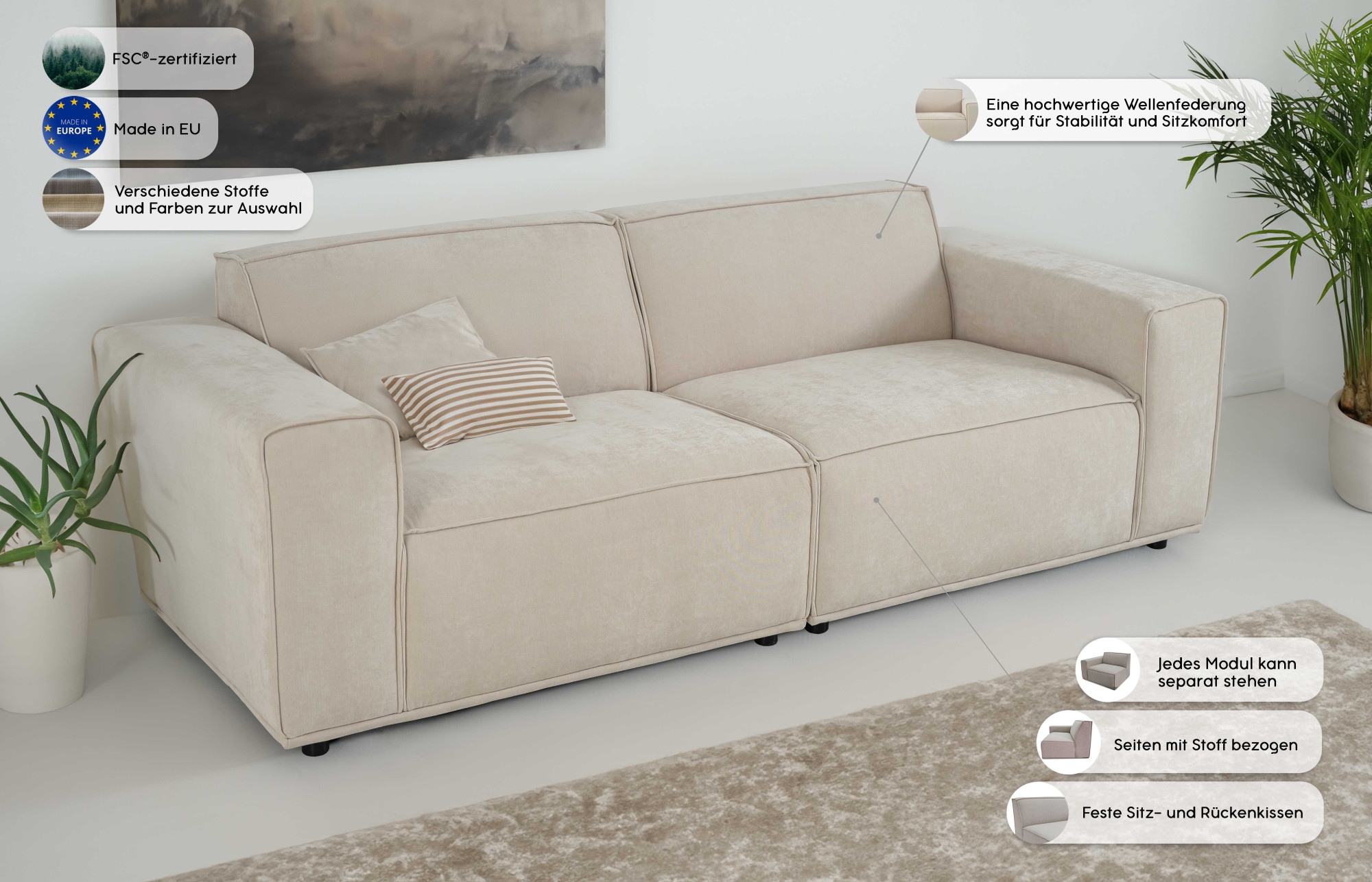 Home affaire 3-Sitzer »Avelin, 228 cm, Chenille, Struktur-Boucle«, mit Wellenunterfederung, Kedernaht, bodentief, Skandi-Design