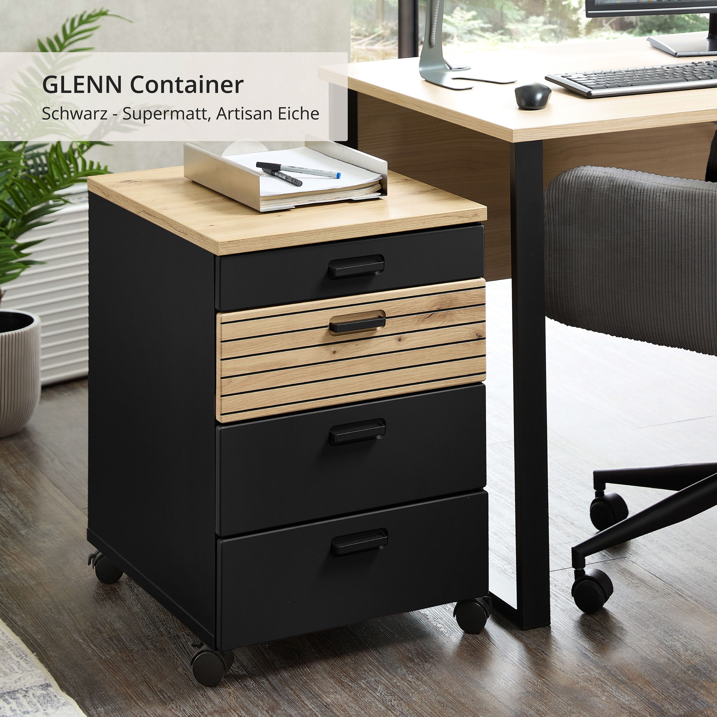 Innostyle Rollcontainer »Nachtkommode Glenn, 45 x 66 x 55 cm (B/H/T)«, (1 St.), inkl. Filzeinlage, 4 Rollen (2 mit Bremsen) oder Sockel, SK Soft-Close