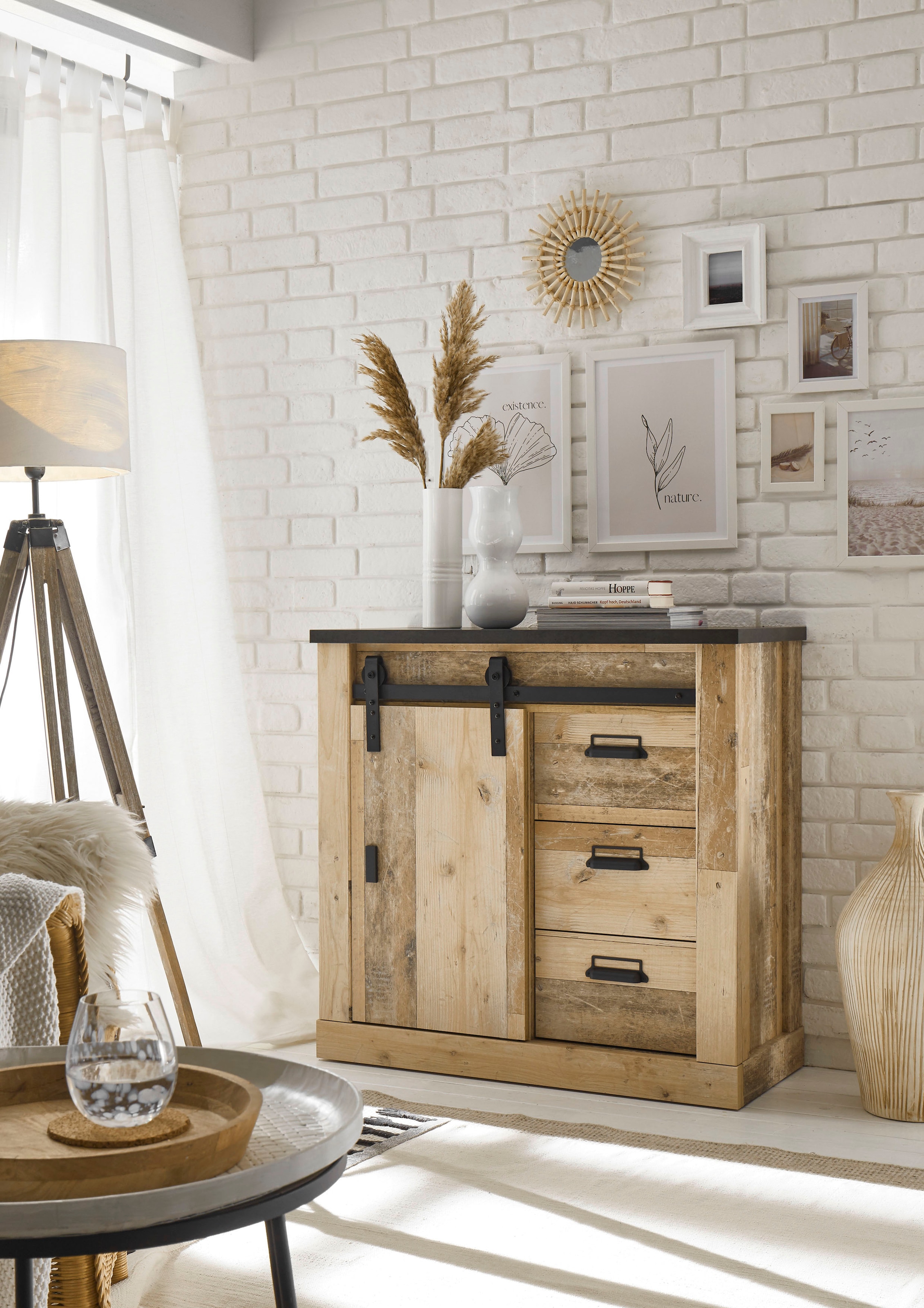 Home affaire Kommode "Sherwood, Sideboard im Industrial-Style, Schrank, Stauraumelement" mit Scheunentorbeschlag & Apothekergriffen, in 2 Farben erhältlich