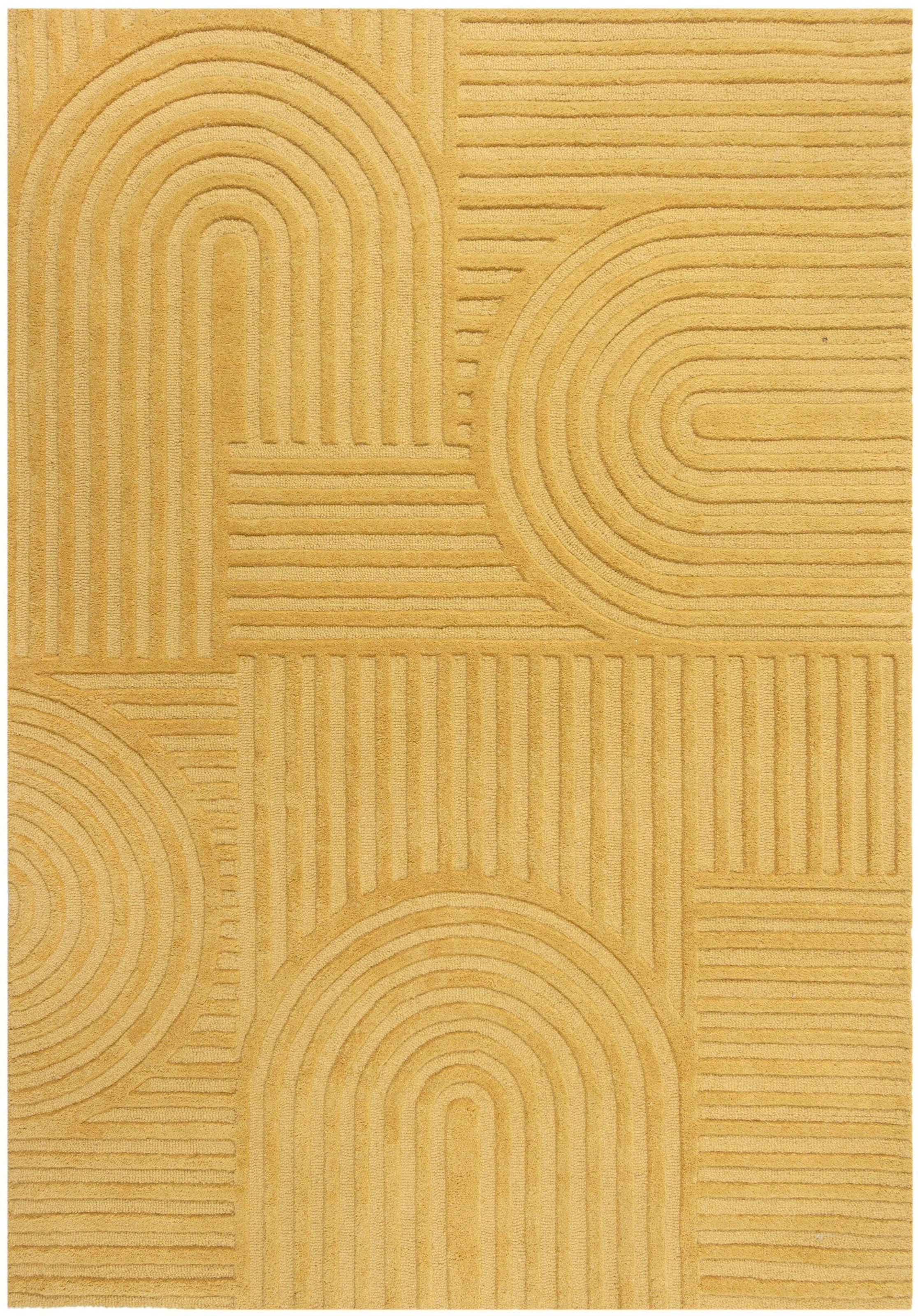 Wollteppich FLAIR RUGS "ZEN GARDEN", gelb (ocker), B:160cm H:14mm L:230cm, Wolle, Teppiche, 100% Wolle, Hoch-Tief-Effekt, auch als Läufer und in Rund erhältlich