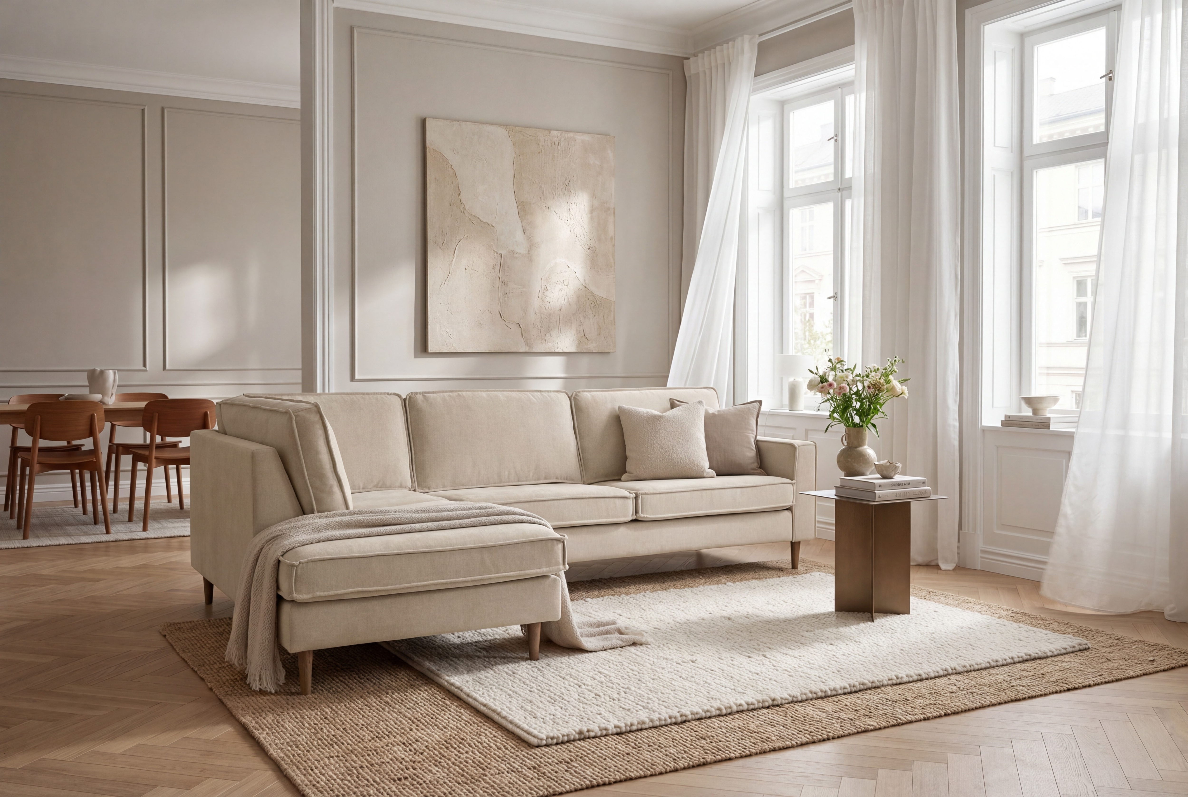 OTTO home Ecksofa "Pinto Skandi, 290 cm, Chenille, Struktur, Ottomane links / rechts" mit Keder, Massivholzfüße Eiche geräuchert, Wellenunterfederung
