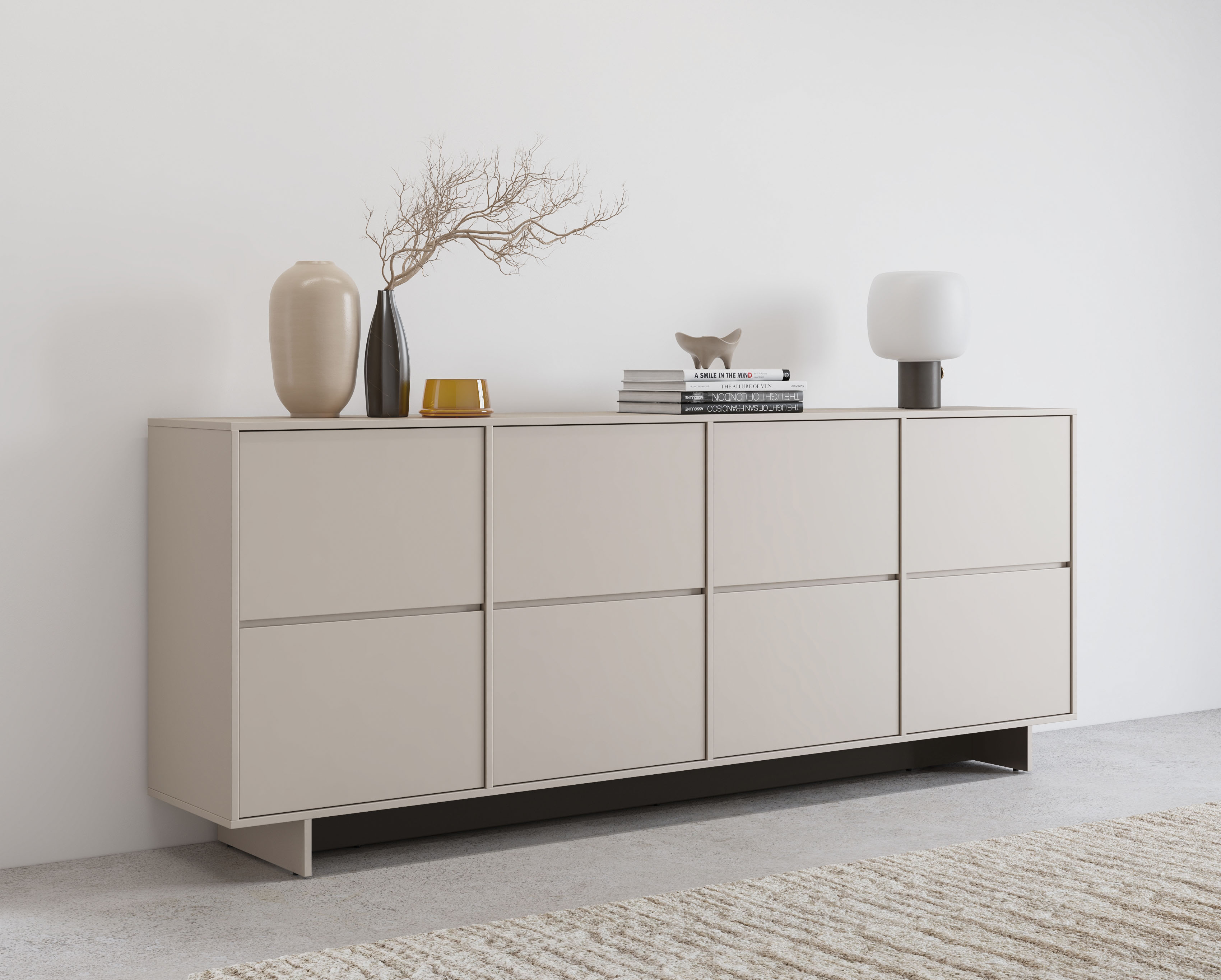 Preisvergleich für OTTO home Sideboard Tatami, Stilvolle, moderne grifflose Kommode 4 Türen, Breite 220cm Anrichte mit viel Stauraum, Böden, BxHxT