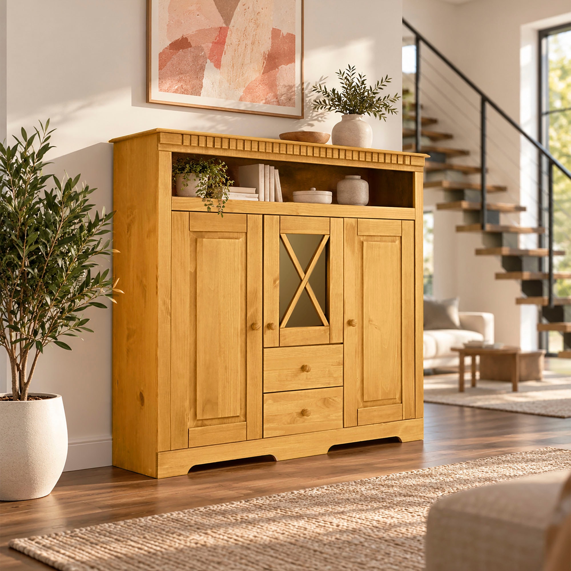 OTTO home Highboard »Lisa« Stauraumschrank aus massivem Kiefernholz, mit dekorativen Fräsungen
