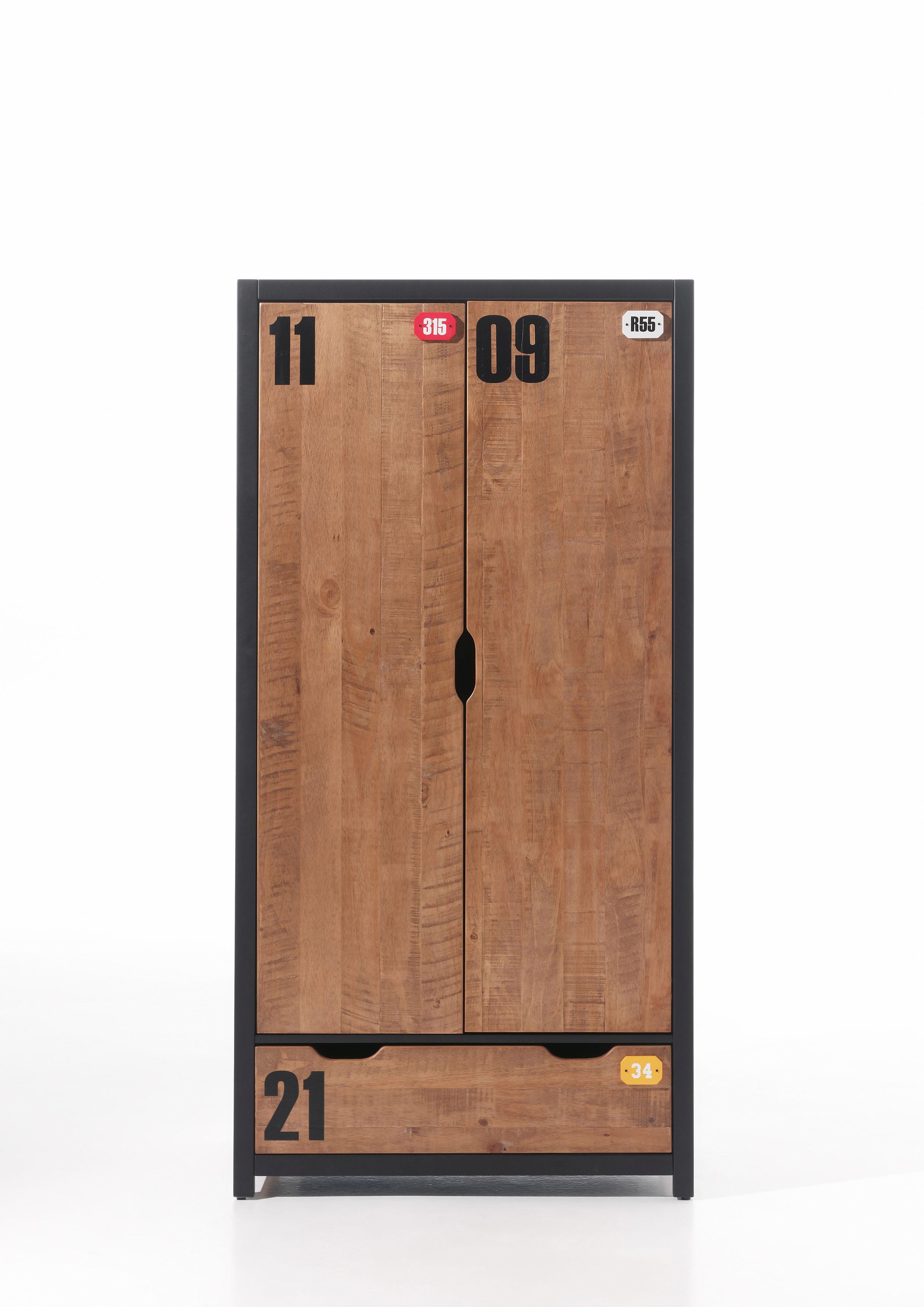 Vipack Kleiderschrank "Alex, Fronten massiv Kiefer in Hobel-Optik, Dekor Ziffern" H/T ca. x200x55cm, Rahmen schwarz, wahlweise 2 Breiten, inkl. Schublade/n, innen mit Kleiderstange