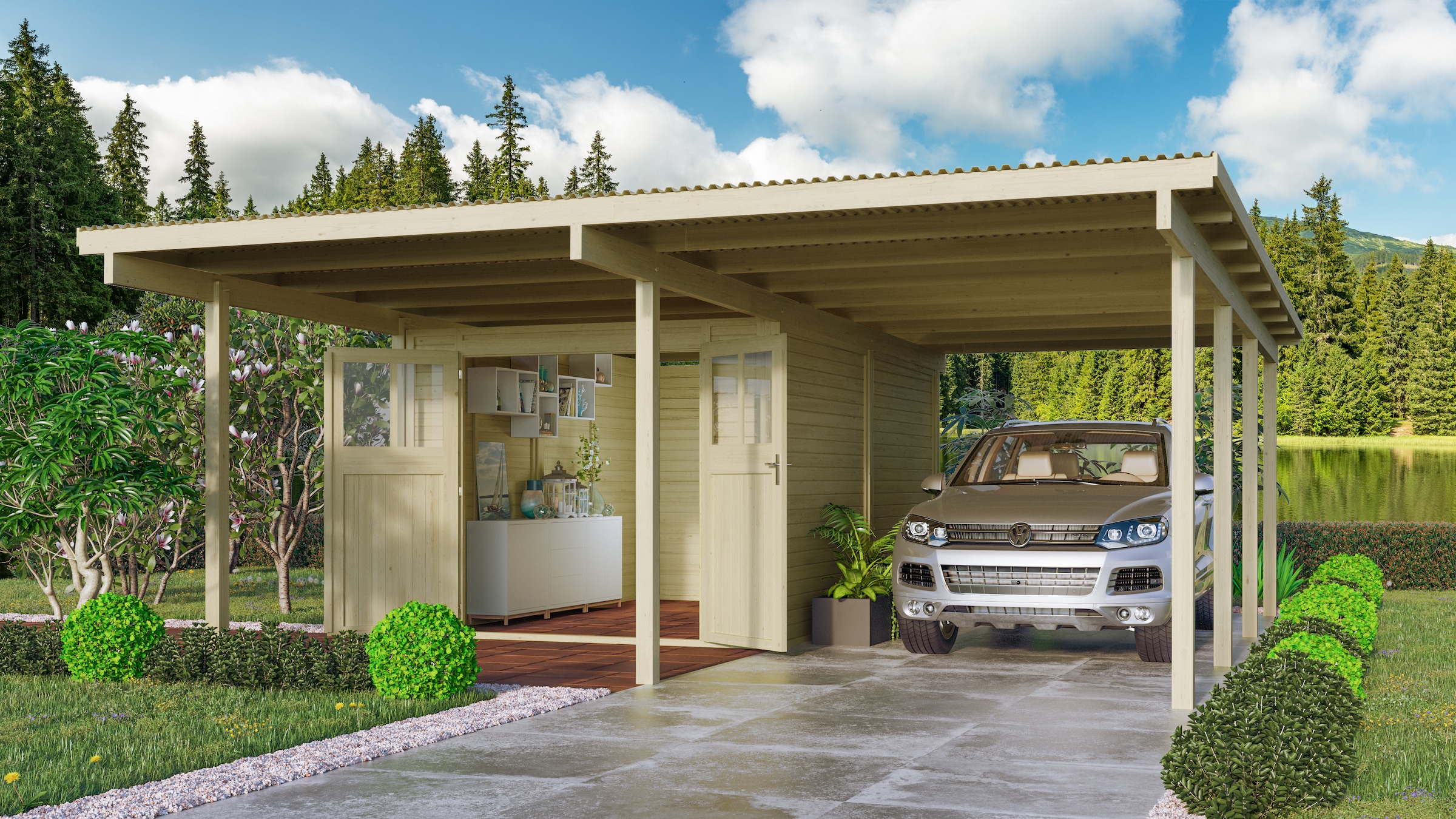 Doppelcarport KARIBUkdi, Carports, "»ECO 2 SET« Variante A, AKTION 2 kdi", mit integriertem Abstellraum mittel