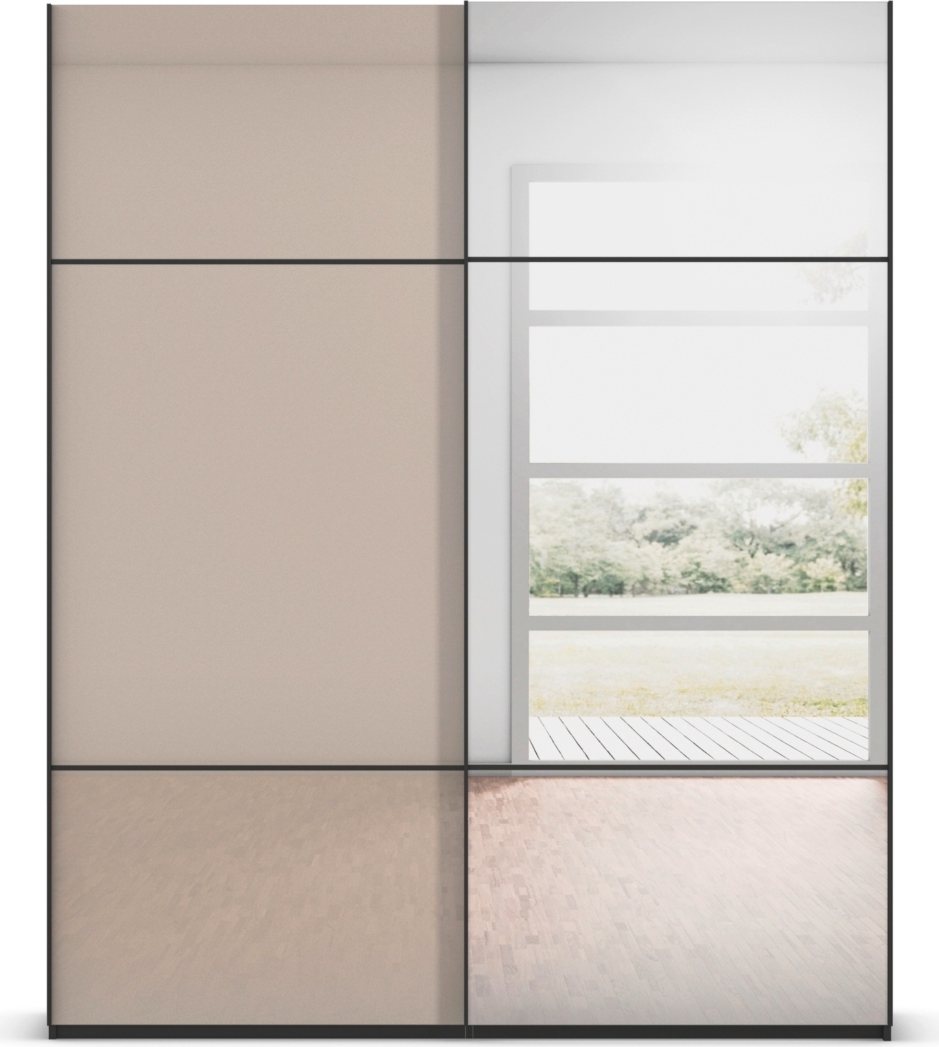 rauch Schwebetürenschrank »Kleiderschrank Schrank Garderobe Schlafzimmerschrank SCALE-TRIO«, edle dreigeteilte Front mit 2 Zierleisten Spiegel/Glas MADE IN GERMANY
