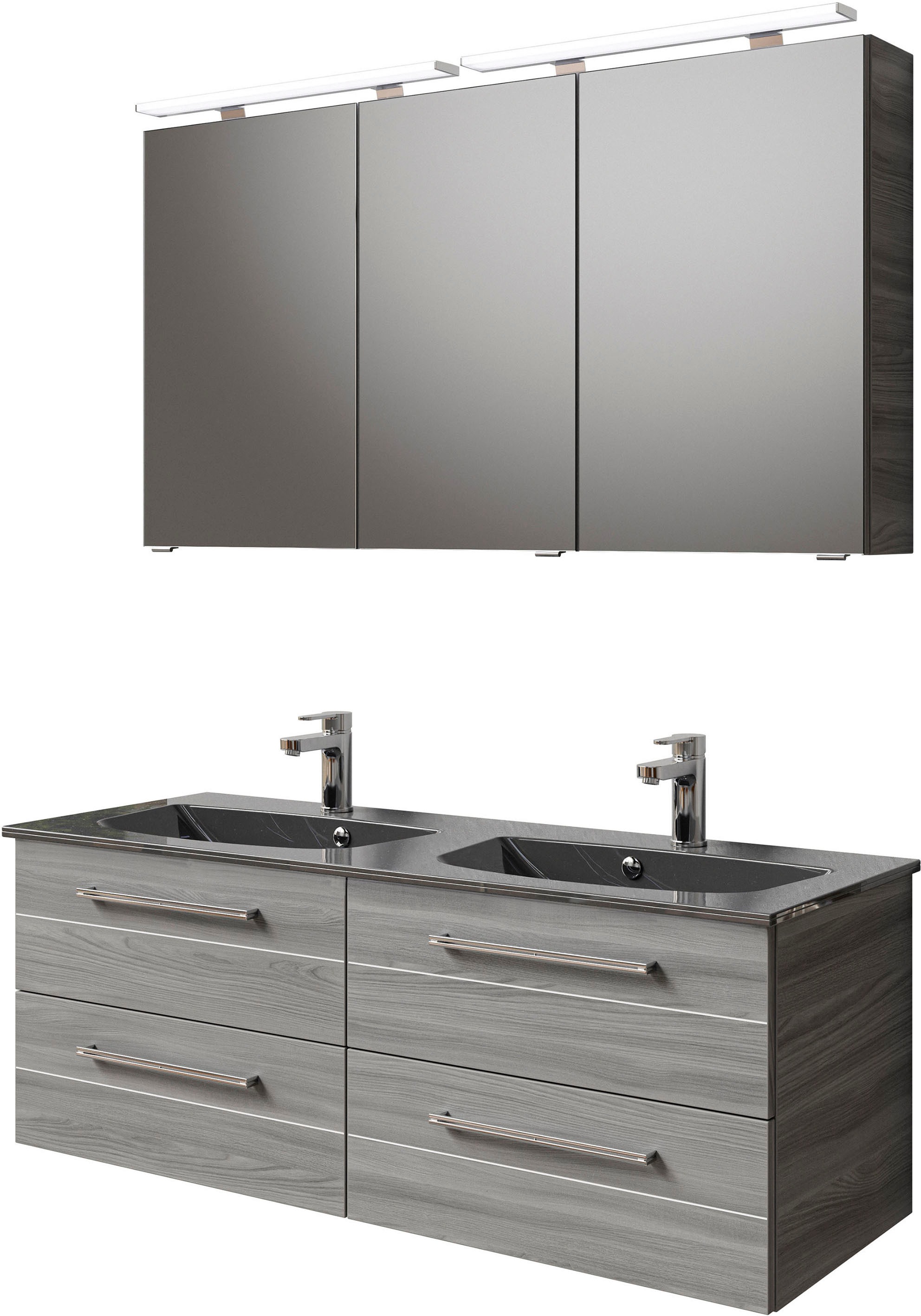 Saphir Badmöbel-Set »Serie 6025 2-teilig Mineralmarmor-Waschtisch mit LED-Spiegelschrank«, (2 St.), Waschplatz 132cm breit, 4 Schubladen, 2 Spiegel-Türen, inkl Türdämpfer