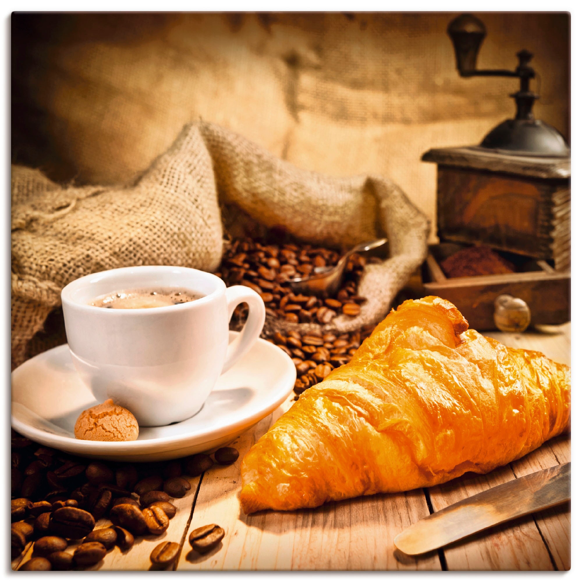 Artland Wandbild "Kaffeetasse mit Croissant" Getränke 1 Stk. tlg. als Leinw günstig online kaufen