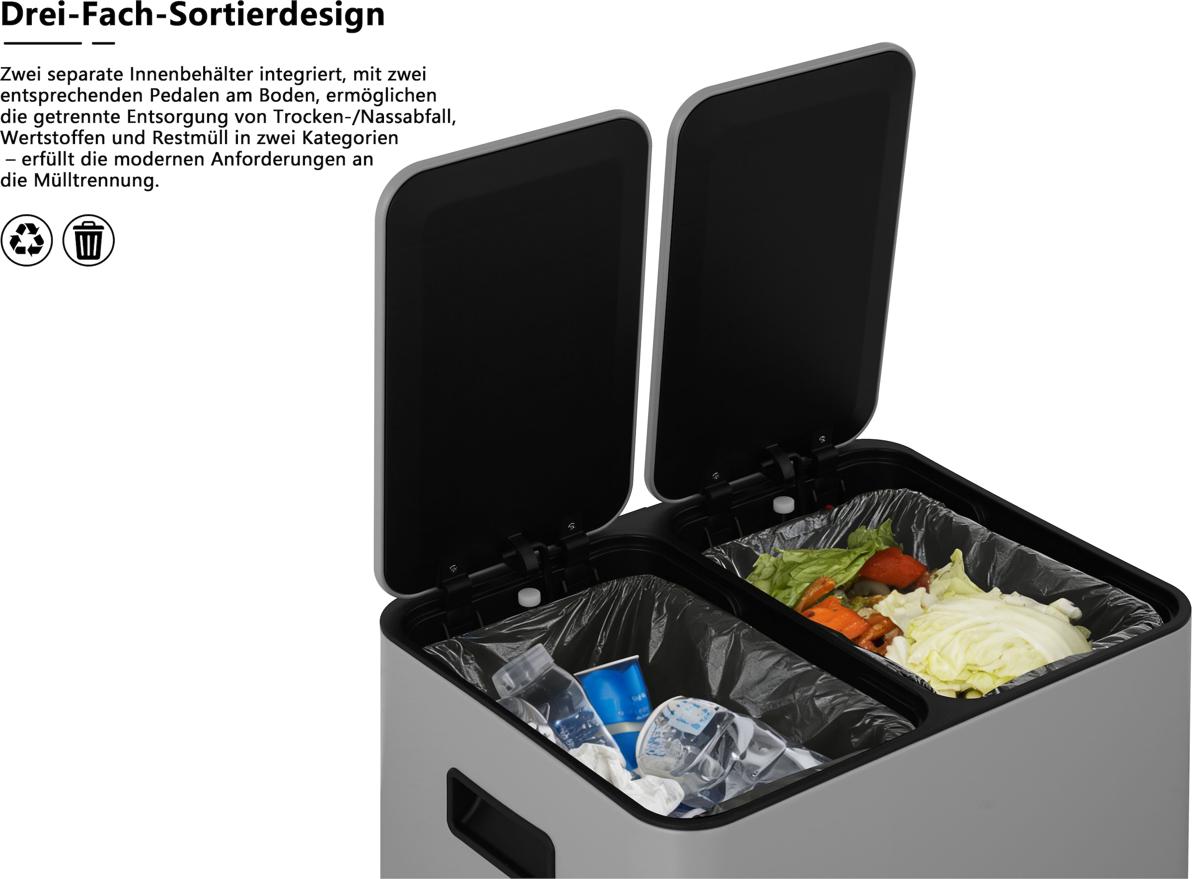 OTTO home Mülleimer »Garrin, mit 2 Fächern, Fassungsvermögen jeweils 15 Liter bzw. 30 Liter« 2 Behälter Mülltrennsystem mit 2 separaten Innenbehältern und Fußtrittpedalen
