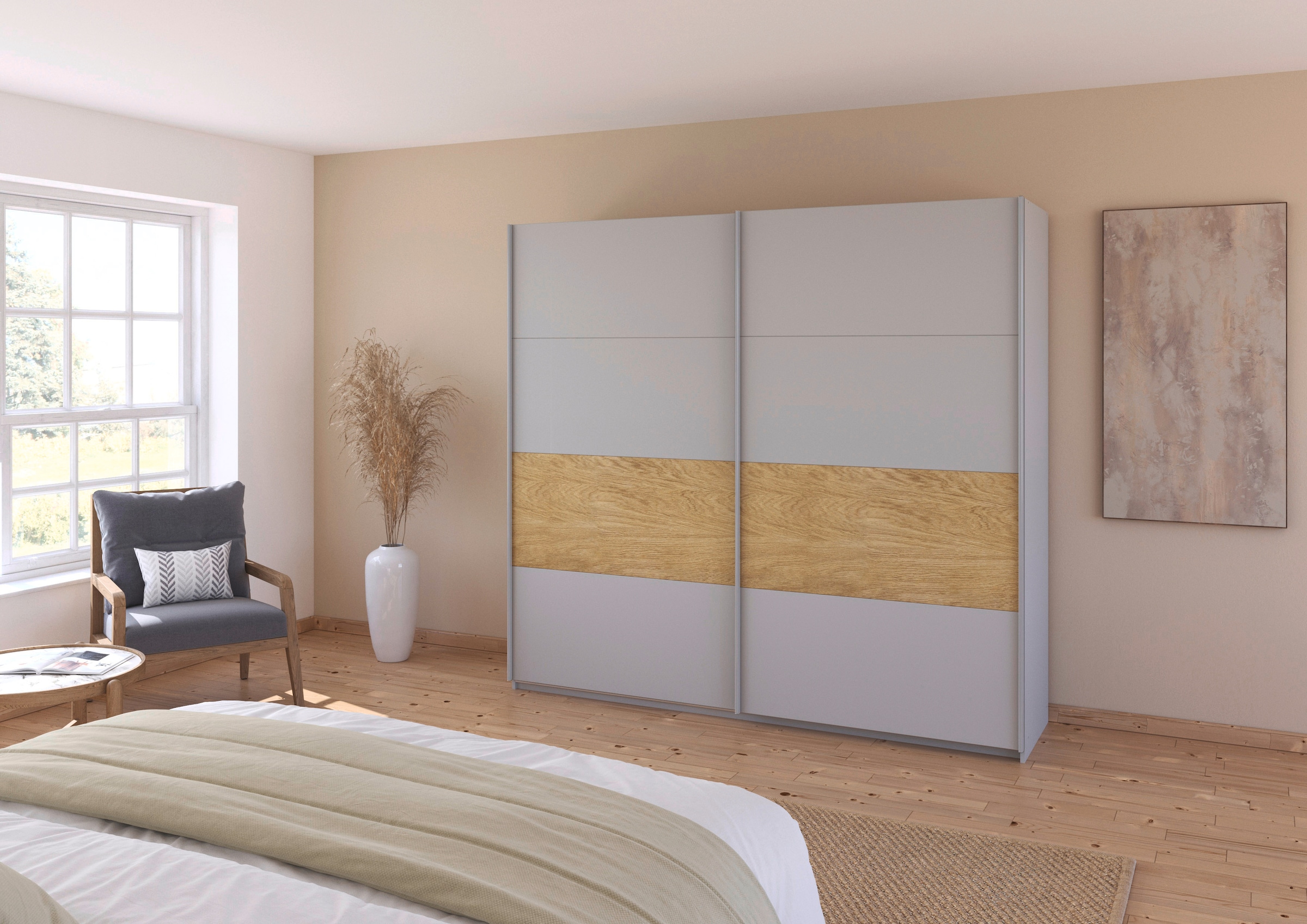 rauch Schwebetürenschrank »Kleiderschrank Schrank Garderobe Schlafzimmerschrank MALVA«, Bauchbinde abgesetzt in gebürstetem Eiche Furnier MADE IN GERMANY