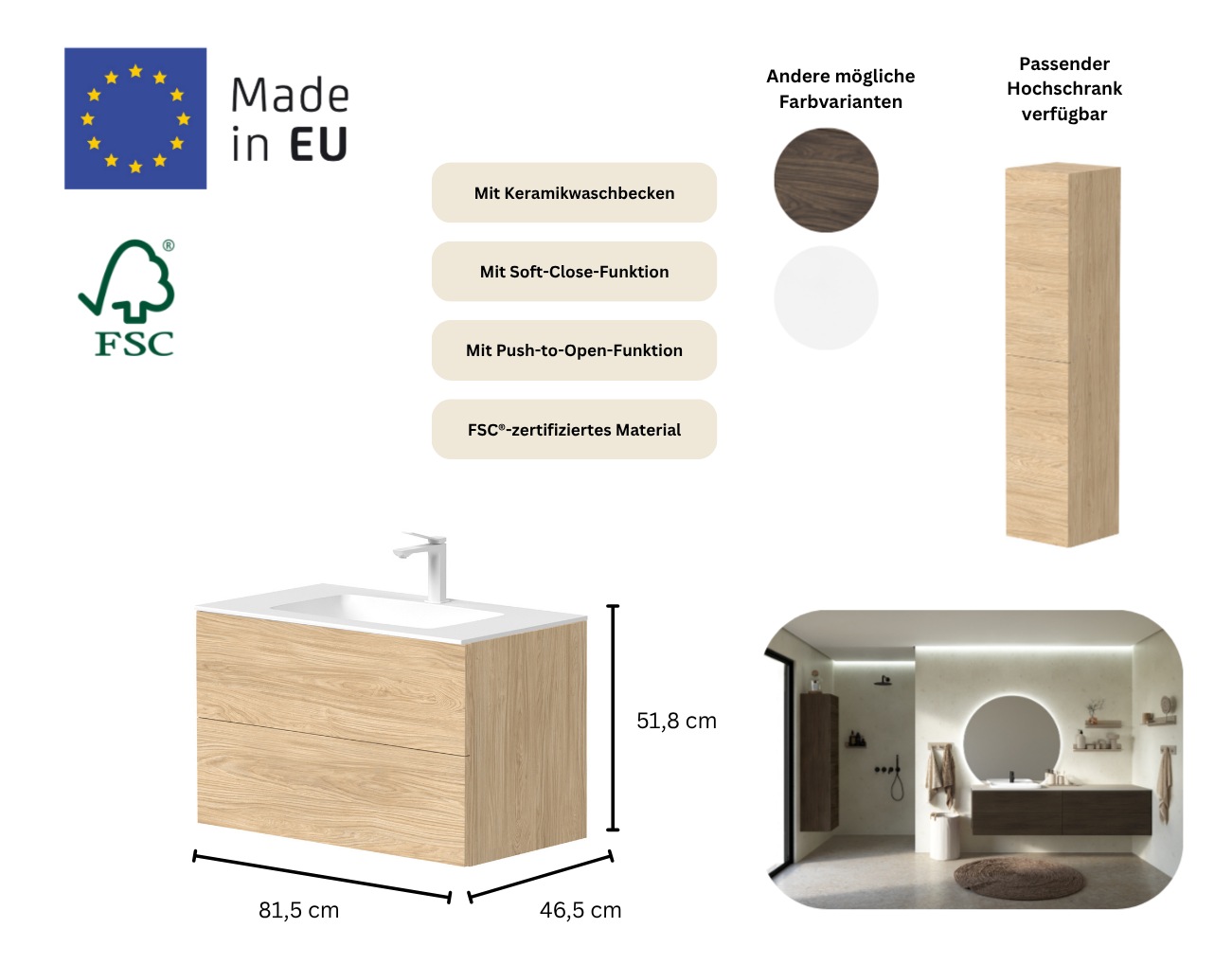Thumbnail - welltime Waschtisch "Gama" inklusive Waschbecken, mit Push-to-Open-Funktion, FSC zertifiziert