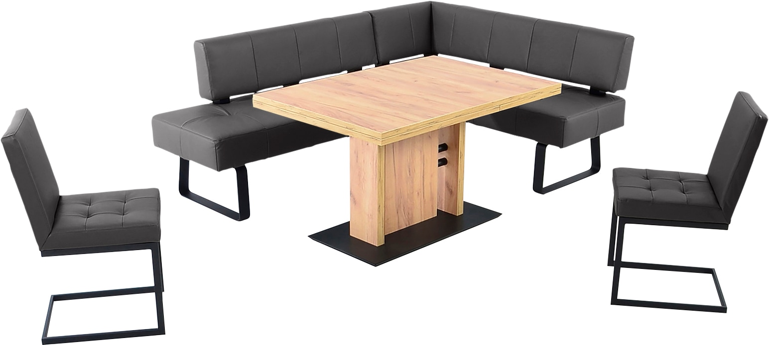 Essgruppe, B:195cm H:88cm T:50cm, braun, K+W KOMFORT & WOHNEN, Sitzmöbel-Sets, "Spider II", langer Schenkel wahweise in 2 Breiten, 2 Freischwinger, 1