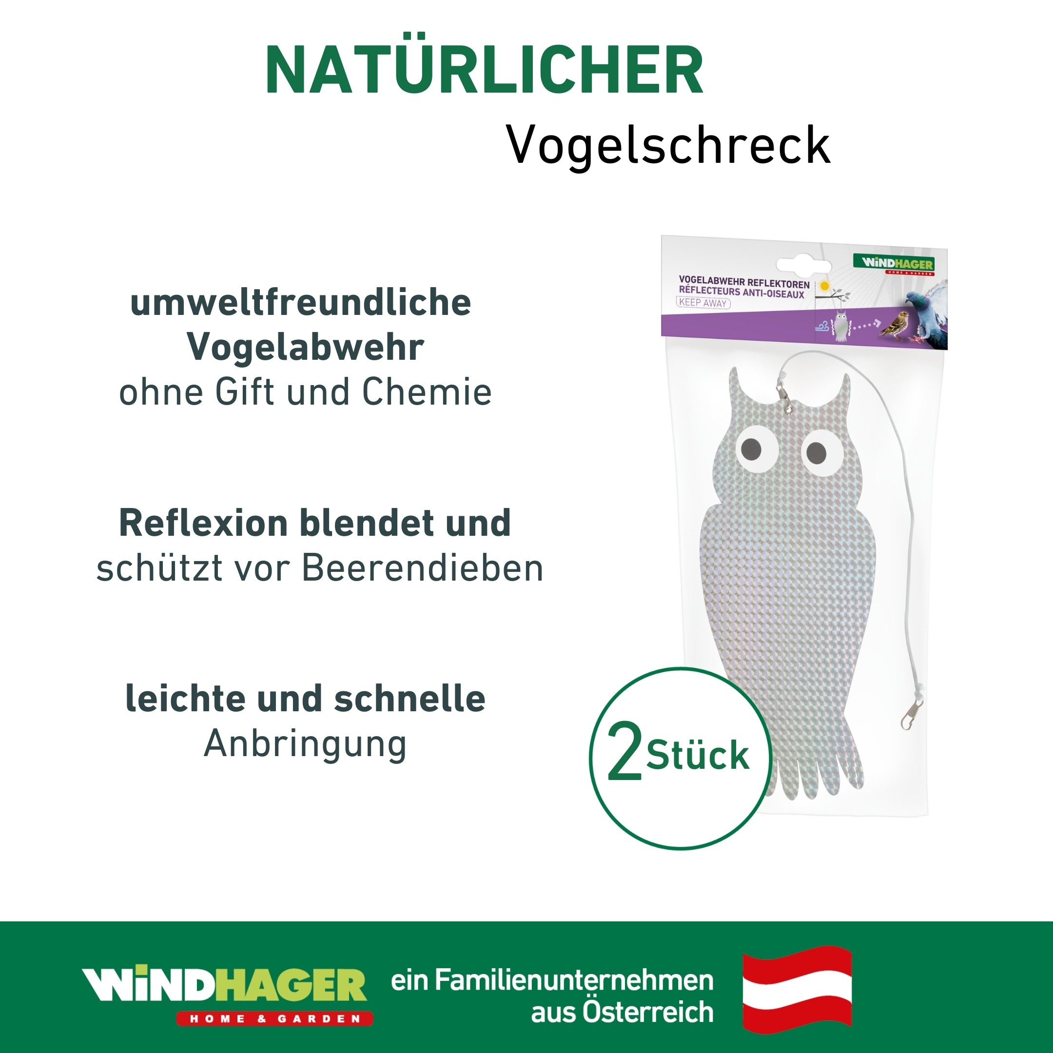 Windhager Vogelattrappe »Reflektor aus Kunststoff, Vogelabwehr im Doppelpack« reflektierende Vogelschreck Eule, silber
