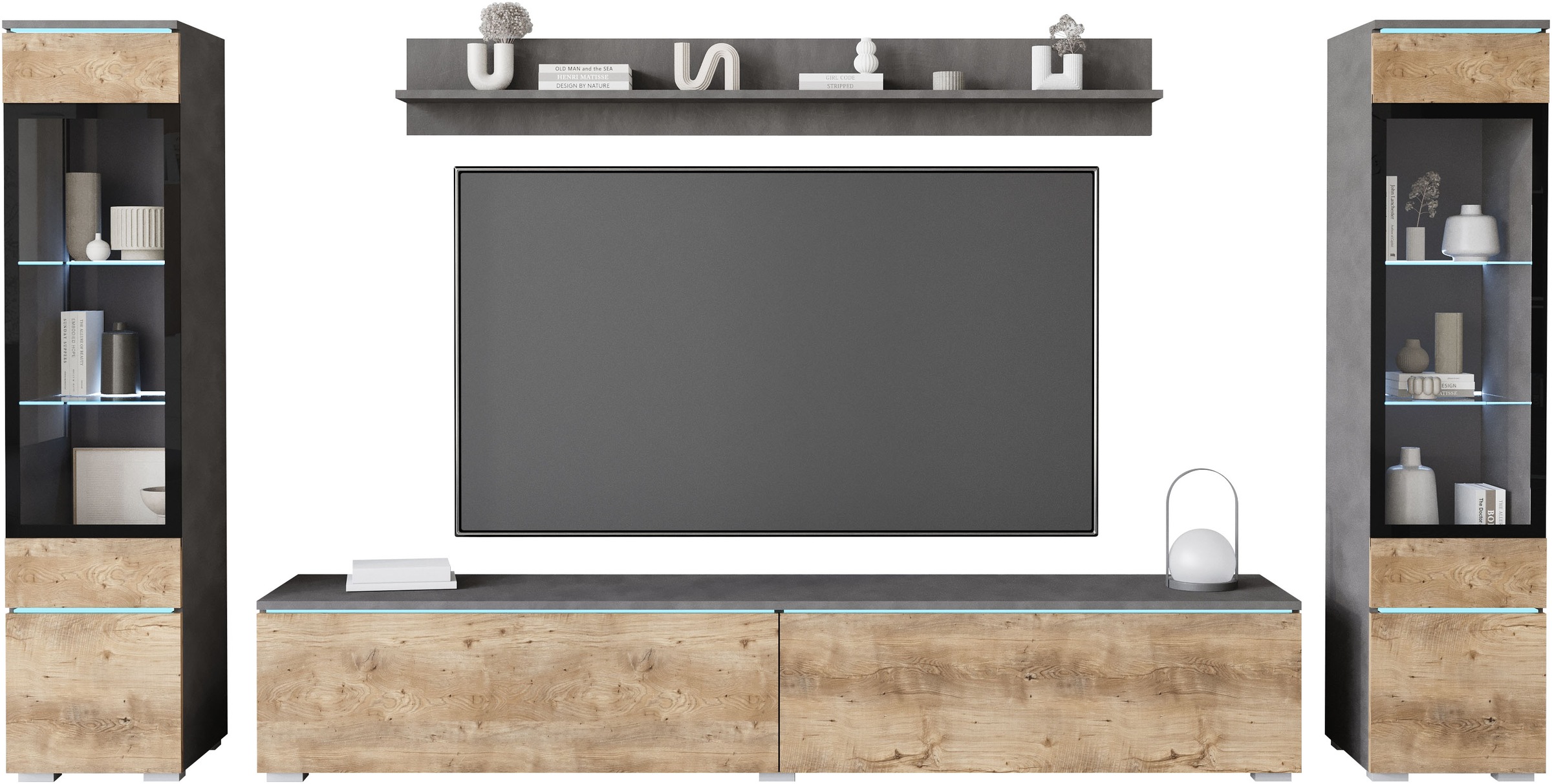 INOSIGN Wohnwand »VERA II, Vitrinen Türanschlag wechselbar«, (Komplett-Set, 4 St.), Mediawand 260 cm, Vitrine mit Verglasung, stehend und hängend