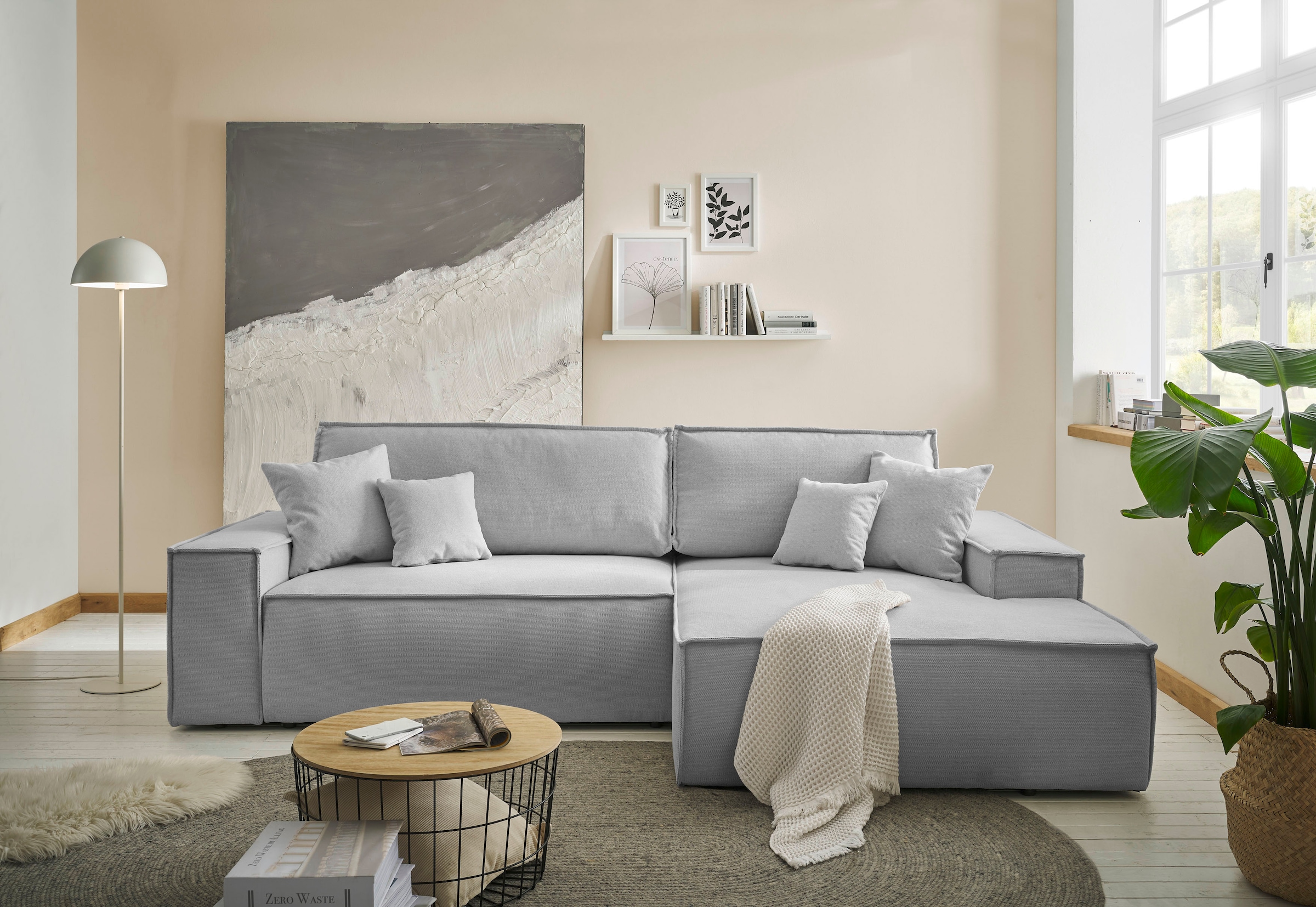 andas Ecksofa »Finnley Schlafsofa 267 cm in Bouclé, Struktur fein u. Cord, L-Form,«, Schlaffunktion m. Bettkasten (136/210 cm), Bouclé, Struktur und Cord