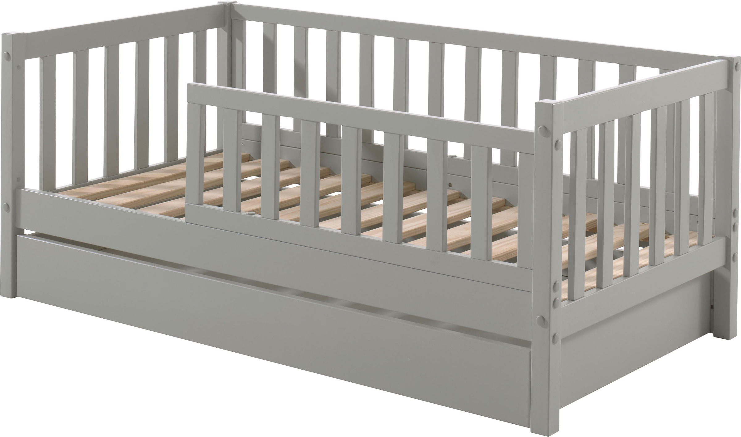 Vipack Kinderbett »Junior, Kiefer massiv lackiert, niedriger Einstieg rechts oder links«, (B/H/T ca. 148x60x76cm, wahlweise mit Schublade, in 2 Farben erhältlich), inklusive Rolllattenrost und umlaufendem Absturzschutz