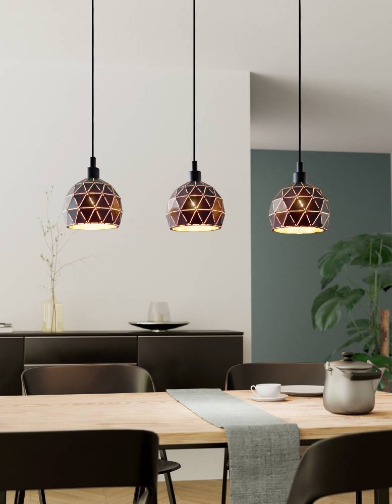 EGLO Hängeleuchte »ROCCAFORTE Pendellampe, Stahl, E27, IP20, Esszimmerlampe, Hängelampe«, 3 flammig, Leuchtmittel E14 | ohne Leuchtmittel, Hängeleuchte - L75 x B17 x H110 cm - schwarz, gold - 3X40W exkl.