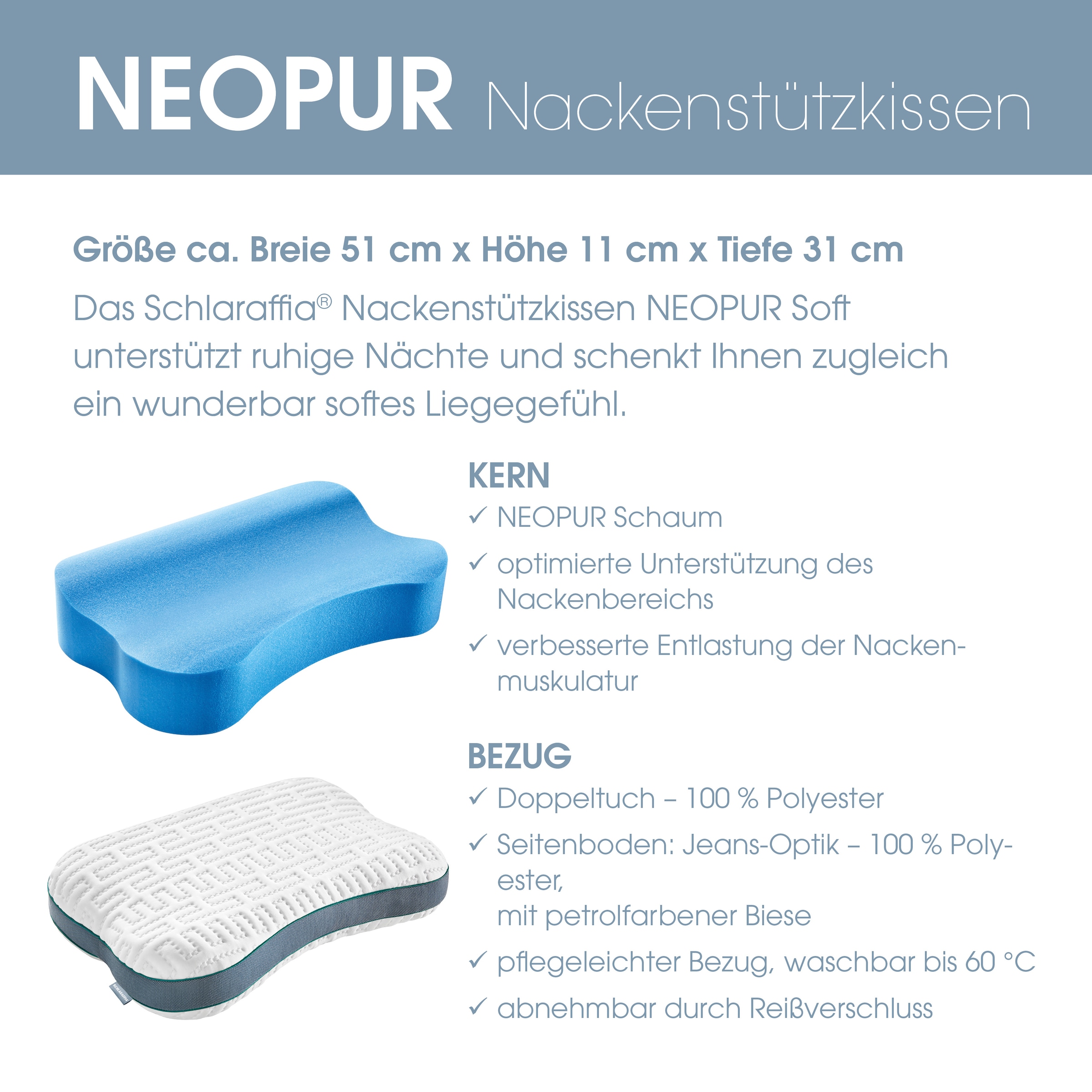 Schlaraffia Nackenstützkissen »Neopur Nackenstützkissen in 30x50 oder 40x70 cm« 1 tlg. Ergonomisch, Memory Foam, Seitenschläfer, Rückenschläfer, waschbar